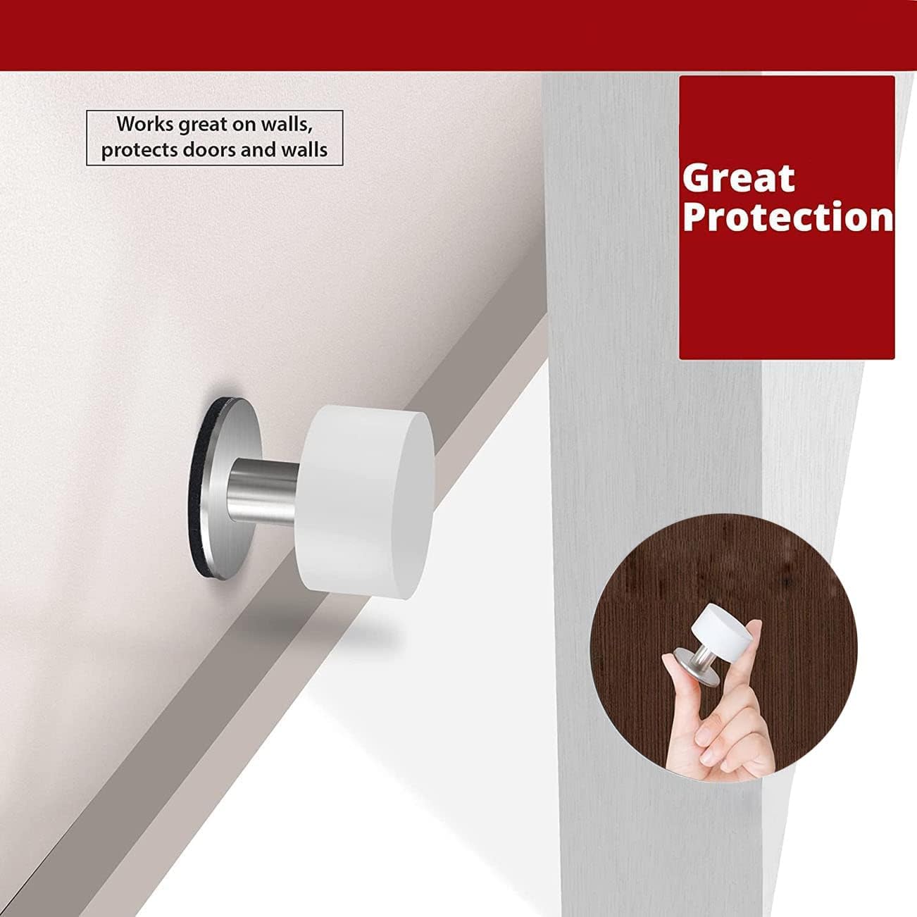 Door Stoppers with Extra Stickers, Self-Adhesive Door Stop with White Rubber & Stainless Steel Body - Sound Dampening Door Bumpers for Home & Office, Door stoppers for Bottom of Door (Medium-2.56inch) - Image 2
