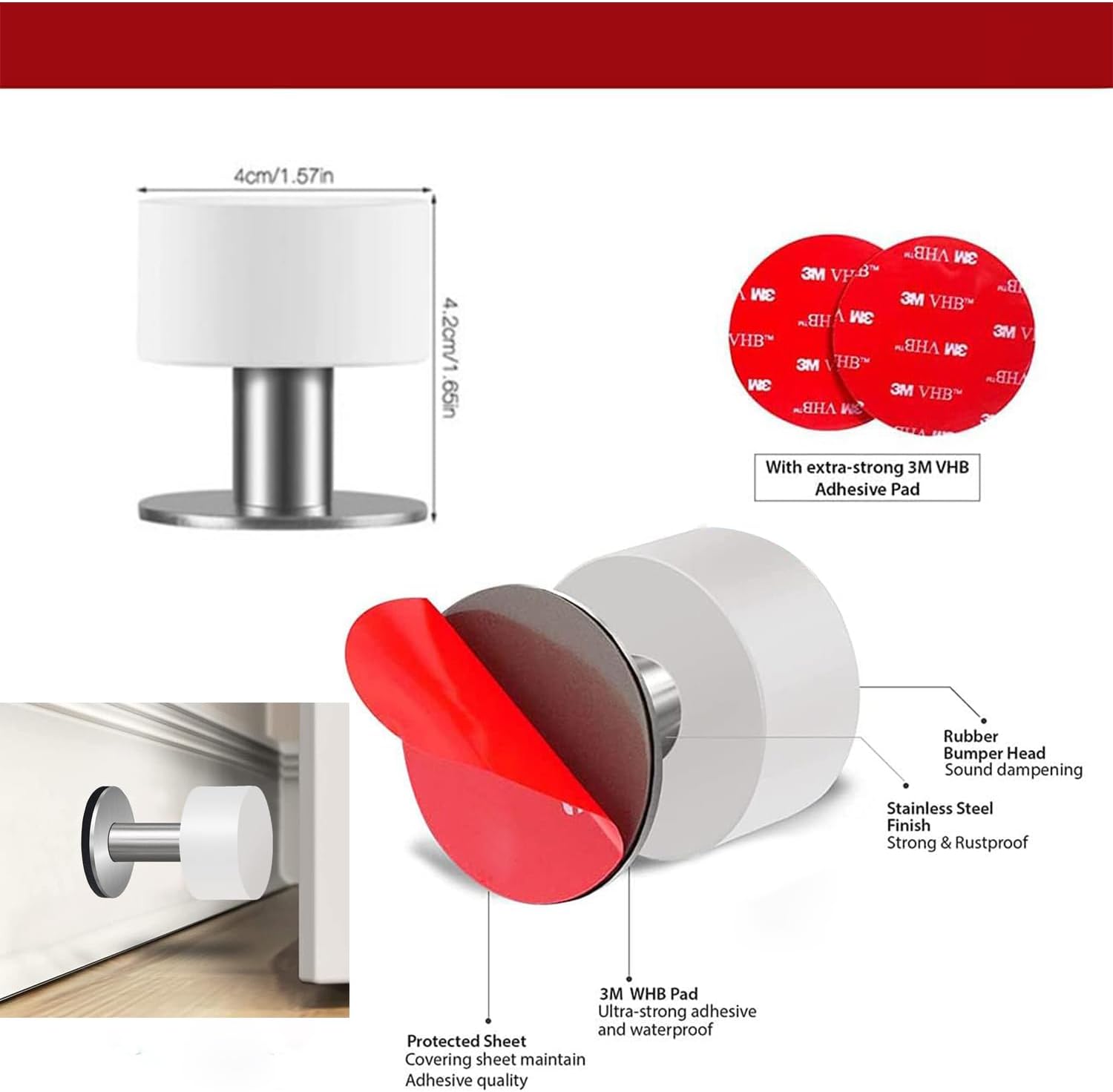 Door Stoppers with Extra Stickers, Self-Adhesive Door Stop with White Rubber & Stainless Steel Body - Sound Dampening Door Bumpers for Home & Office, Door stoppers for Bottom of Door (Medium-2.56inch) - Image 3