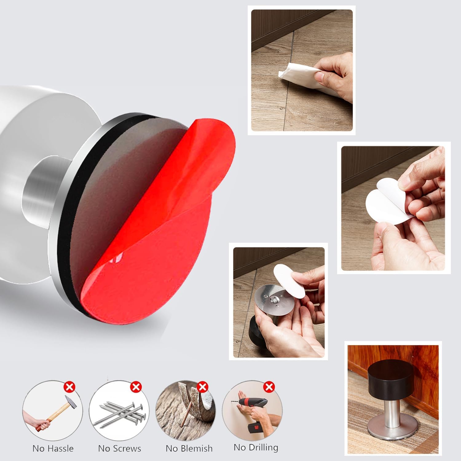 Door Stoppers with Extra Stickers, Self-Adhesive Door Stop with White Rubber & Stainless Steel Body - Sound Dampening Door Bumpers for Home & Office, Door stoppers for Bottom of Door (Medium-2.56inch) - Image 5