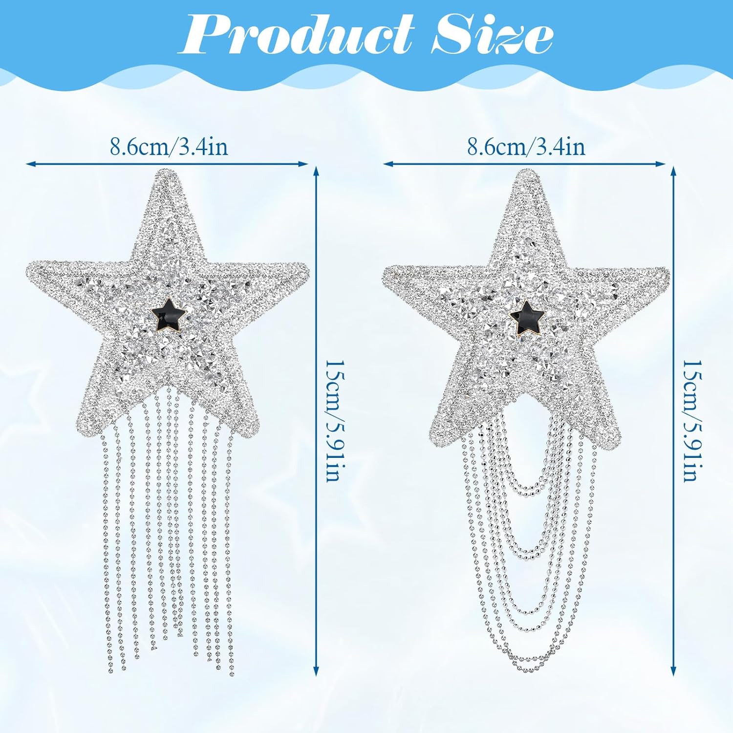 6PCS Rhinestone Star Iron on Patches, Shiny Silver Rhinestone Tassel Star with Chains Glitter Sequin Patches for Trucker Hats Jeans Bags Backpacks Jackets Denim DIY Appliques Art Crafts - Image 1