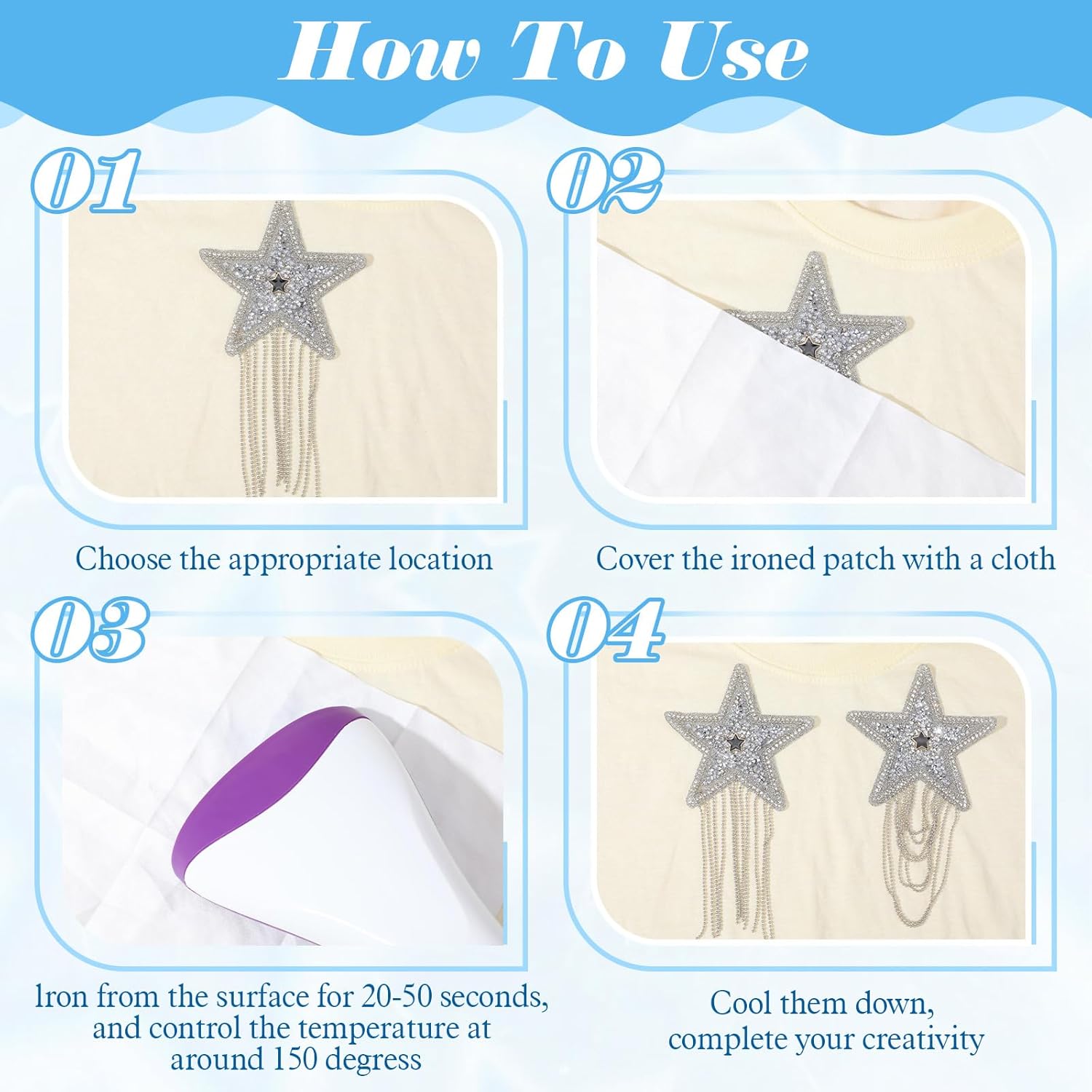 6PCS Rhinestone Star Iron on Patches, Shiny Silver Rhinestone Tassel Star with Chains Glitter Sequin Patches for Trucker Hats Jeans Bags Backpacks Jackets Denim DIY Appliques Art Crafts - Image 3