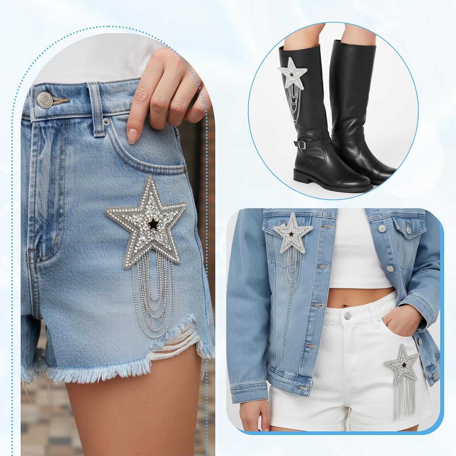 6PCS Rhinestone Star Iron on Patches, Shiny Silver Rhinestone Tassel Star with Chains Glitter Sequin Patches for Trucker Hats Jeans Bags Backpacks Jackets Denim DIY Appliques Art Crafts - Image 4