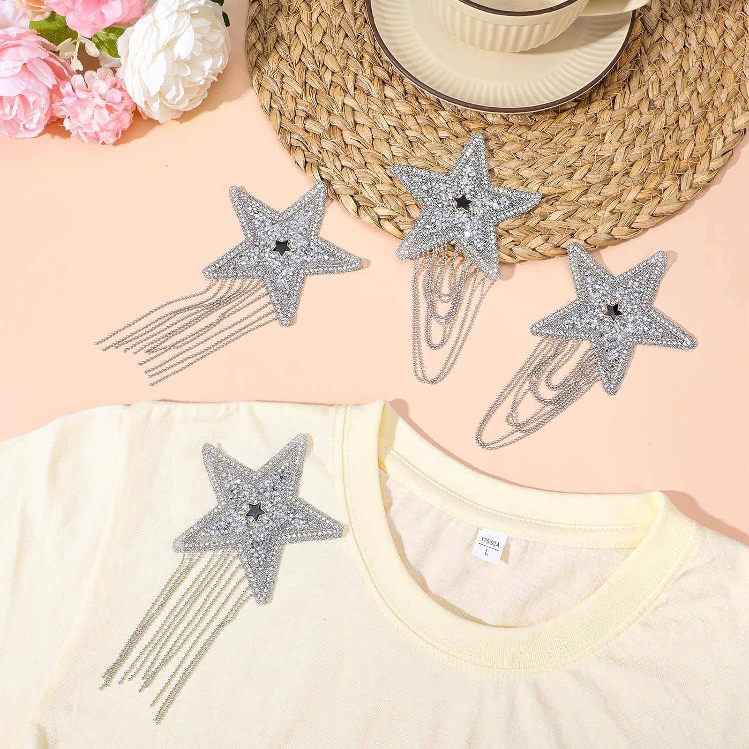6PCS Rhinestone Star Iron on Patches, Shiny Silver Rhinestone Tassel Star with Chains Glitter Sequin Patches for Trucker Hats Jeans Bags Backpacks Jackets Denim DIY Appliques Art Crafts - Image 6