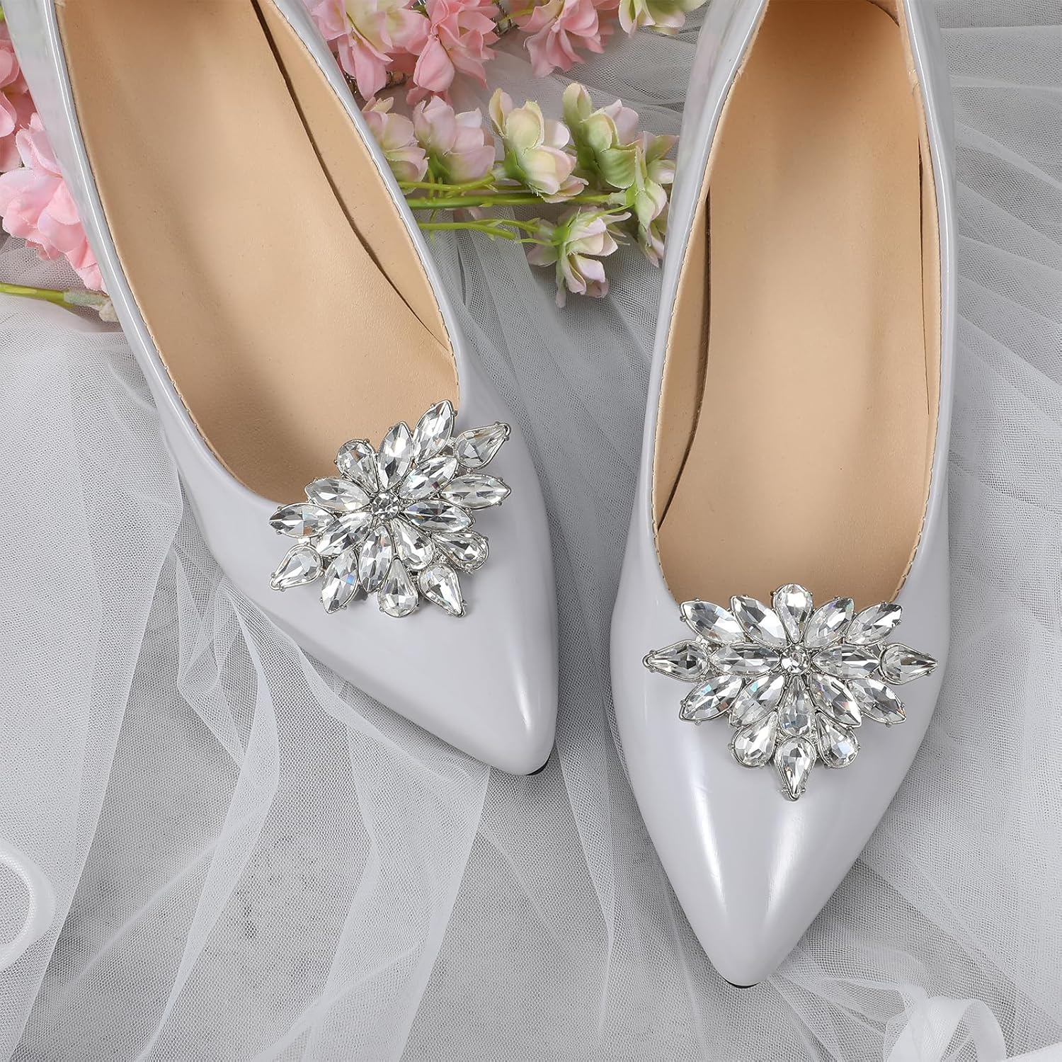 2 Pairs Rhinestone Shoe Clips for Women Dress Shoes, Bow Flower Brilliant Crystal Shoe Decor, DIY Shoes Detachable Buckle Wedding Party Accessories Mother Gifts(Sliver) - Image 3