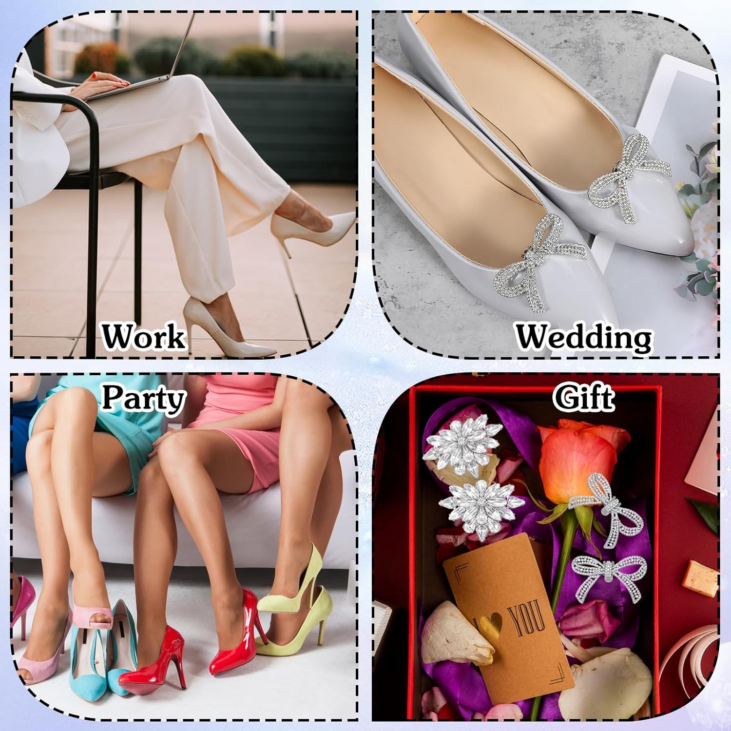 2 Pairs Rhinestone Shoe Clips for Women Dress Shoes, Bow Flower Brilliant Crystal Shoe Decor, DIY Shoes Detachable Buckle Wedding Party Accessories Mother Gifts(Sliver) - Image 6
