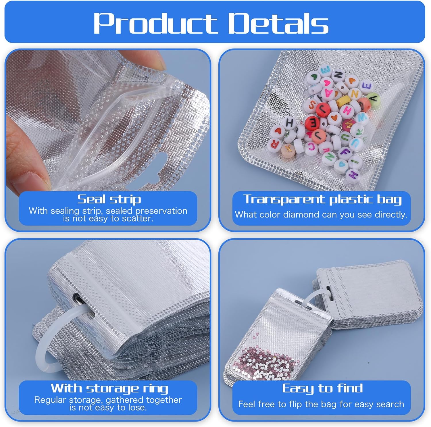 Shimmeroo 100Pcs Diamond Beads Storage Bags, 4.33 x 2.76 Inch Reusable Pouches for DIY Diamond Art Jewelry Earring Painting Storage Accessories, Bead and Gem Organizer for DIY Craft - Image 2