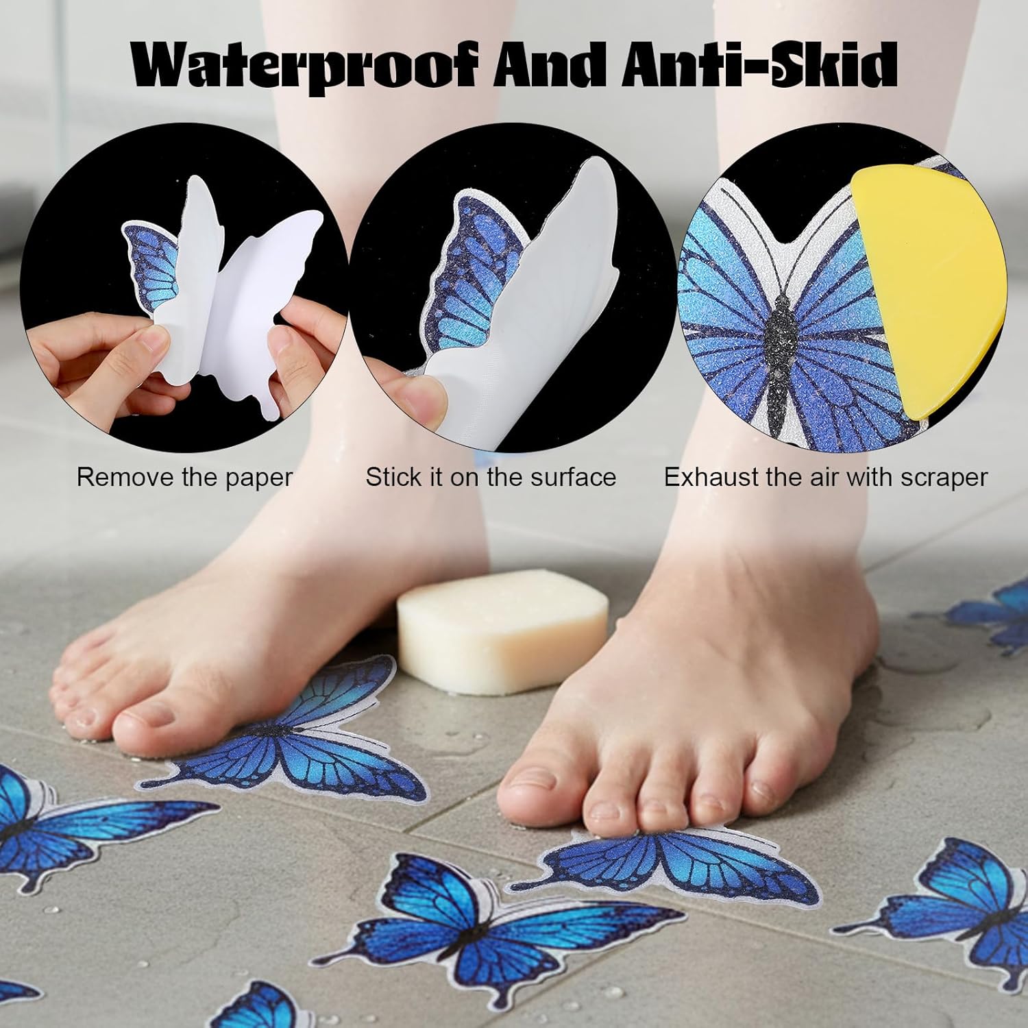 20 PCS Butterfly Non Slip Bathtub Stickers, Adhesive Anti Slip Decal Treads for Shower & Bath Tub with Scraper for Safety Bathroom Tubs, Shower Floor, Stairs(Blue) - Image 2