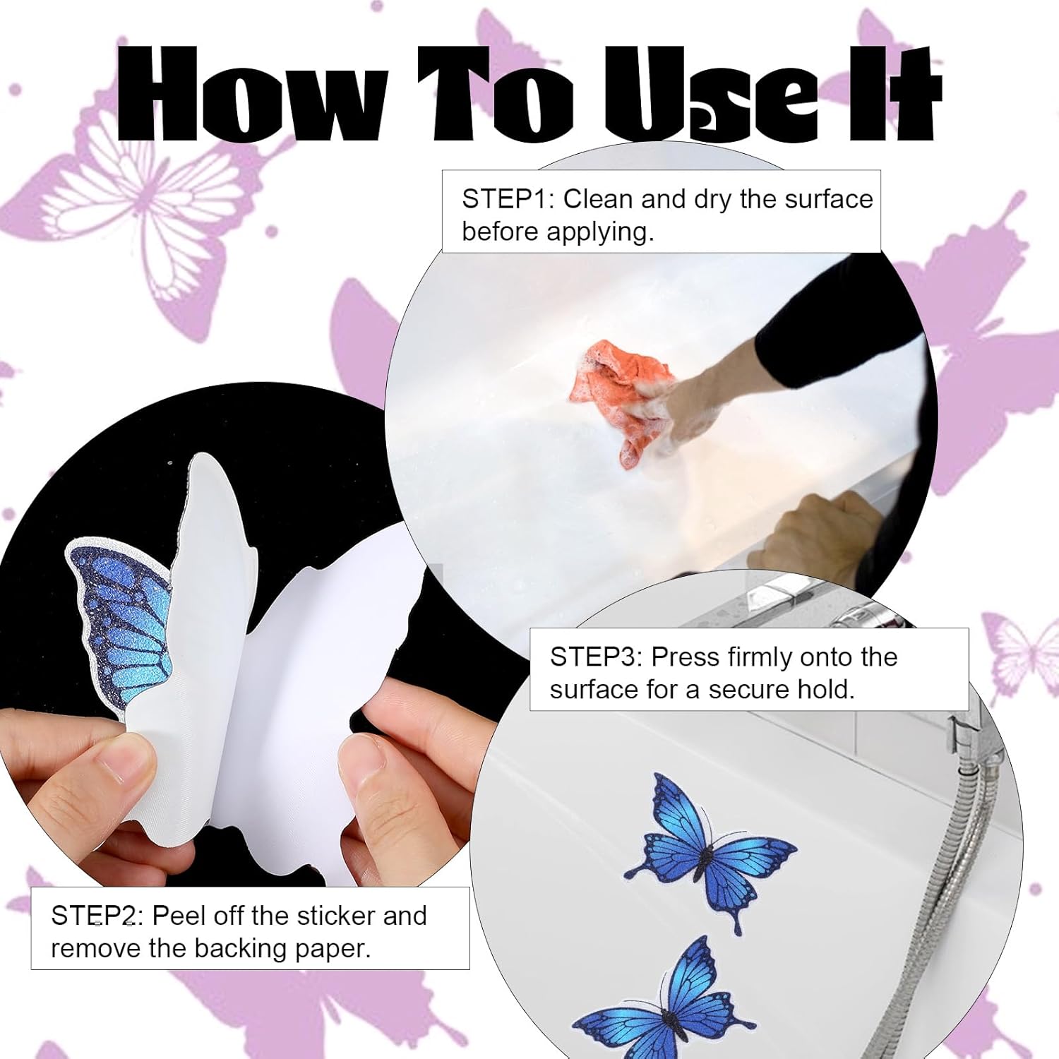 20 PCS Butterfly Non Slip Bathtub Stickers, Adhesive Anti Slip Decal Treads for Shower & Bath Tub with Scraper for Safety Bathroom Tubs, Shower Floor, Stairs(Blue) - Image 4