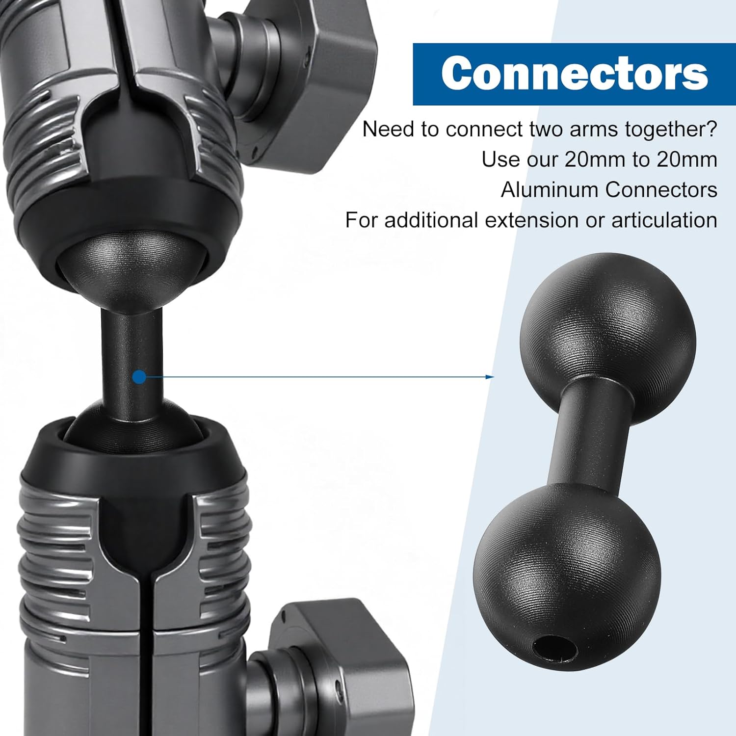 20mm to 20mm Ball Mount Arm, Black Aluminum Alloy Ball Adapter Double Balls Mount Extension Connector for Secure Attachment for Mounting Arm with 20 mm Connections Compatible with 20 mm Mounting Arms - Image 3