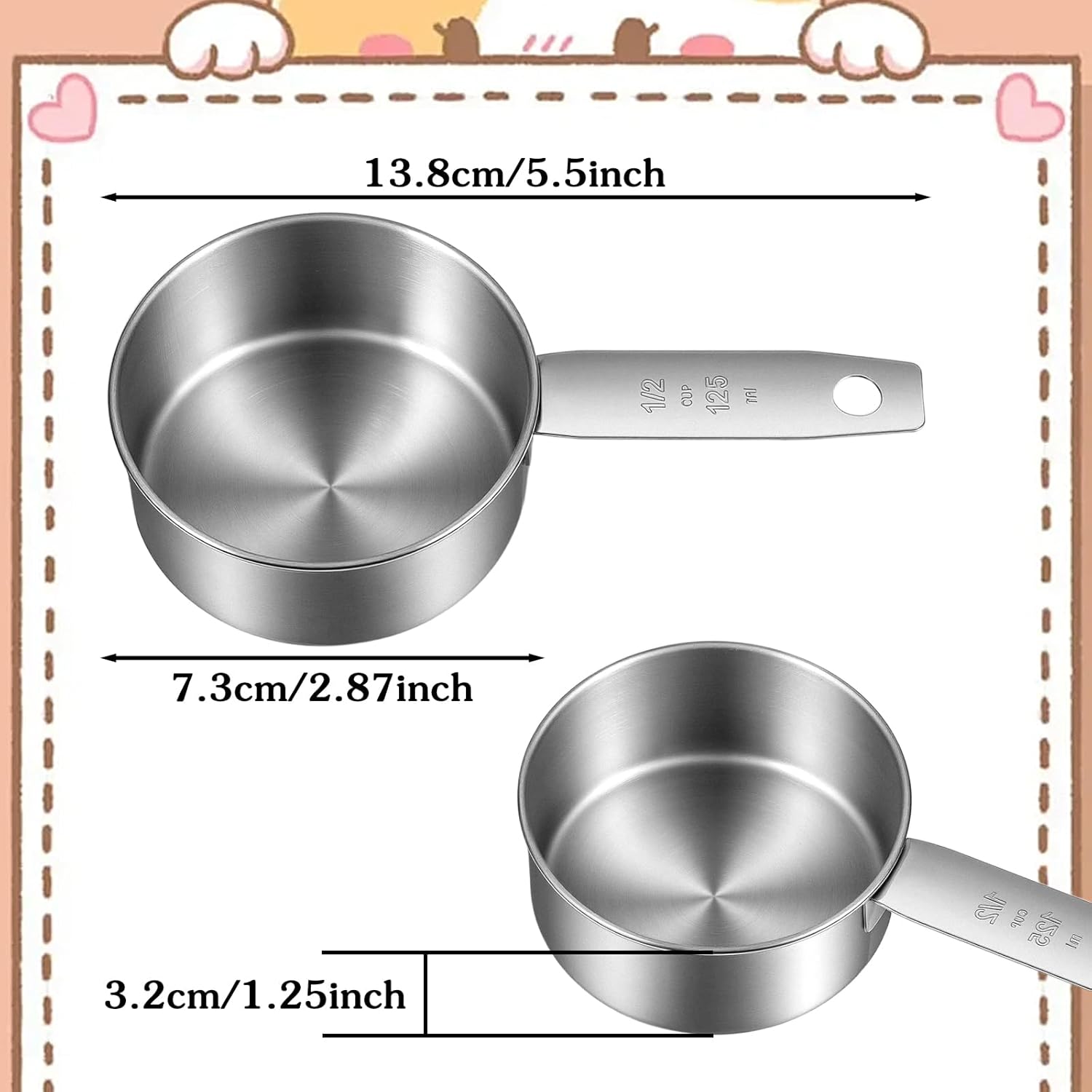 2 Pcs 1/2 Cup Dog Food Scoop, 1/2 Cup Measuring Scoop, 125 ml Stainless Steel Half Cups Dog Food Measuring Scoops for Feeding Pet, Cat, Dogs, Rabbit, Bird, Wet and Dry Ingredients, Dishwasher Safe - Image 1
