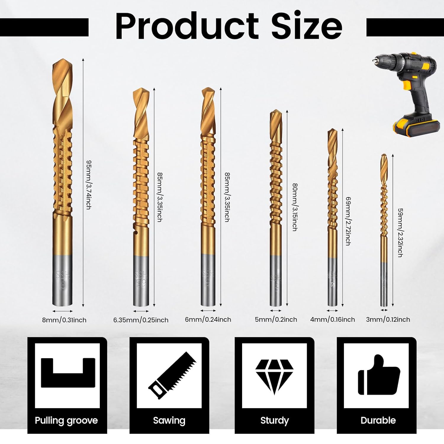 6 Pack Titanium Drill Bit Set, 3-8mm Serrated Side Cutting Drill Bit, Titanium Serrated Cutting Bits, Woodworking Tools, Hole Holesaw Tool for Plastic Metal Wood Hole - Image 1