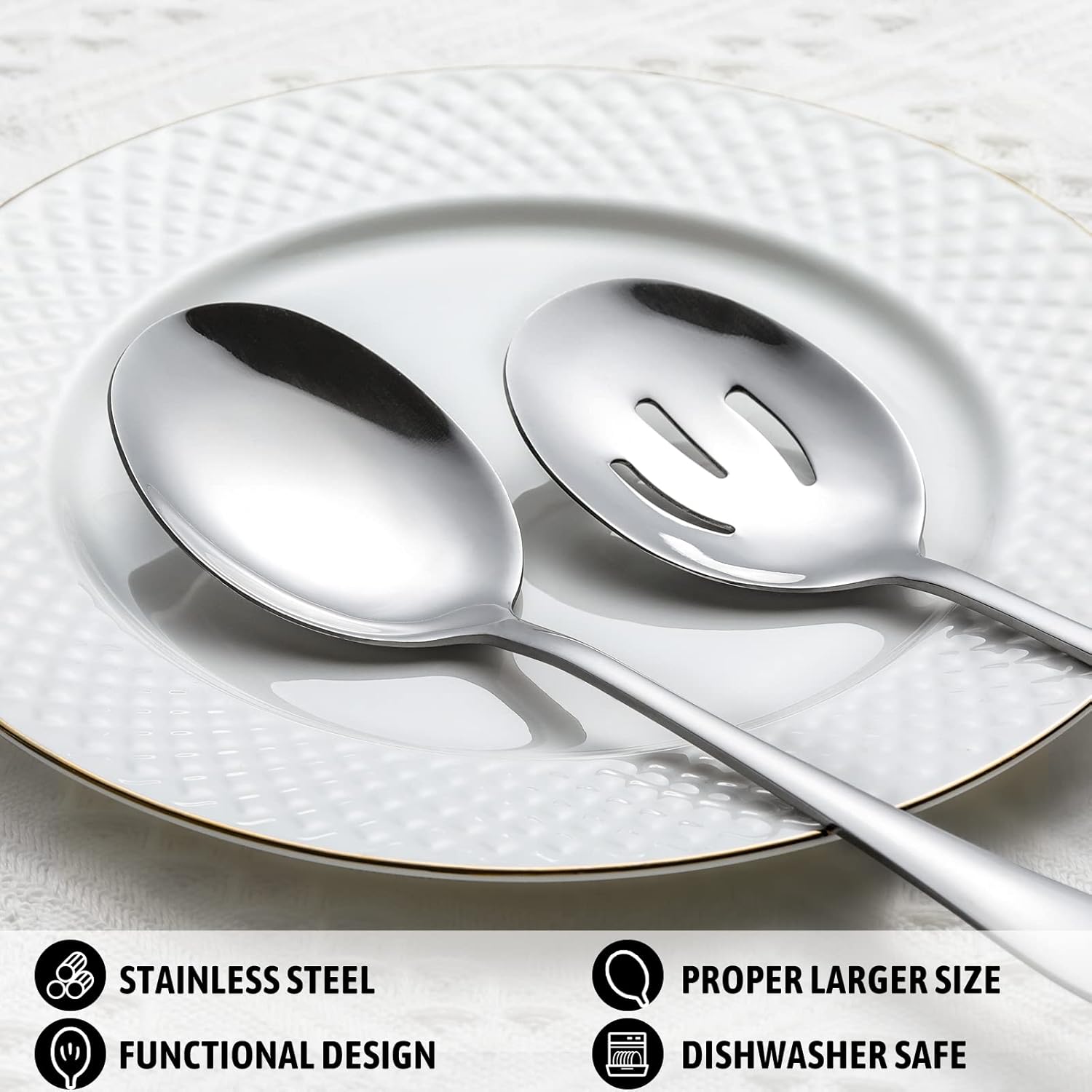 8-Piece Serving Set - Includes 4 Spoons and 4 Slotted Spoons, 18/8 Stainless Steel Buffet Utensils - Mirror Polished, Dishwasher Safe, 8.6-Inch - Image 3