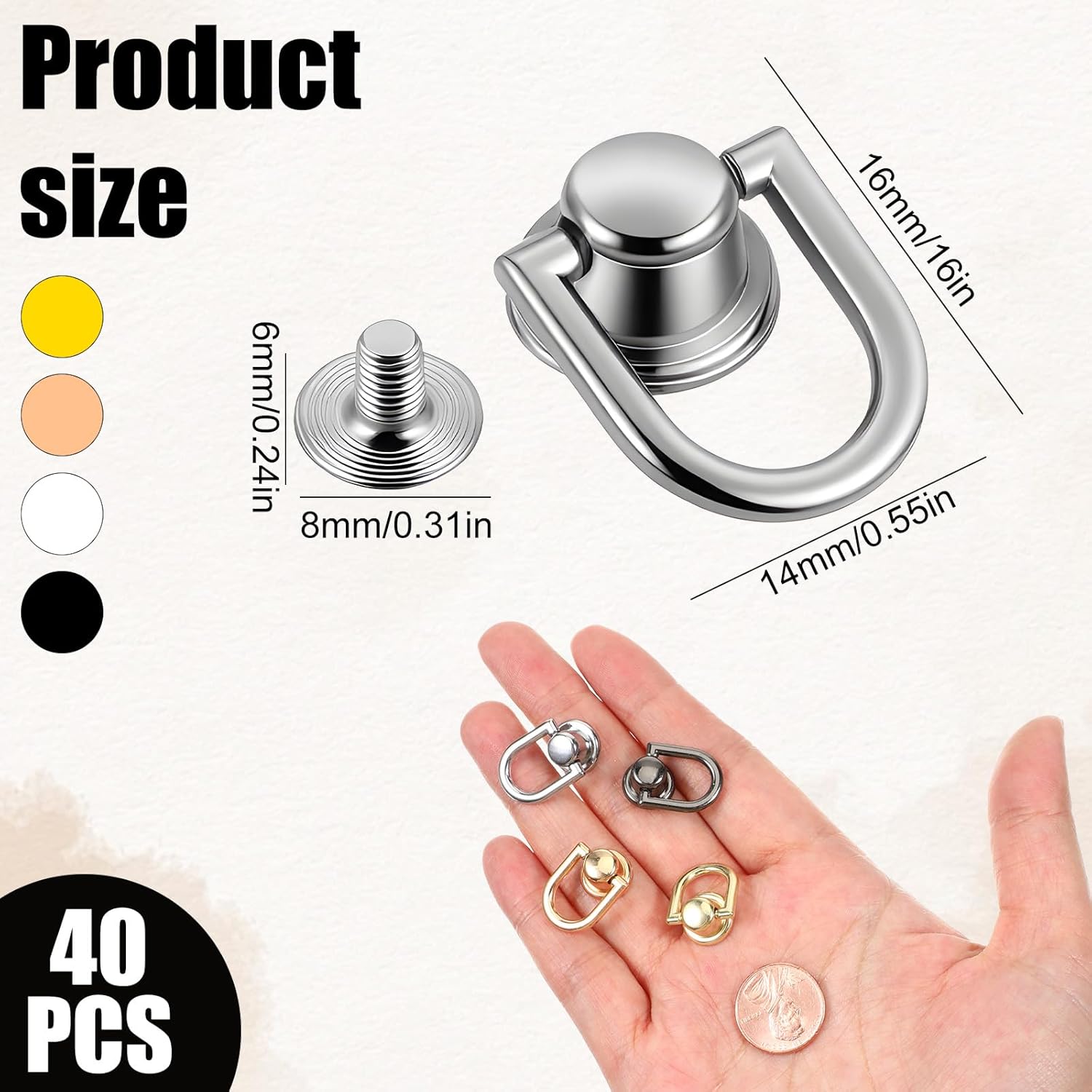 40 Pcs D Rings for Purse, Small Stud Screw Rivets for Leather Crafting, Versatile Purse Rotatable D Ring Stud, Wallet Crossbody Conversion Kit (Black+Silver+Gold+Light Gold) - Image 1