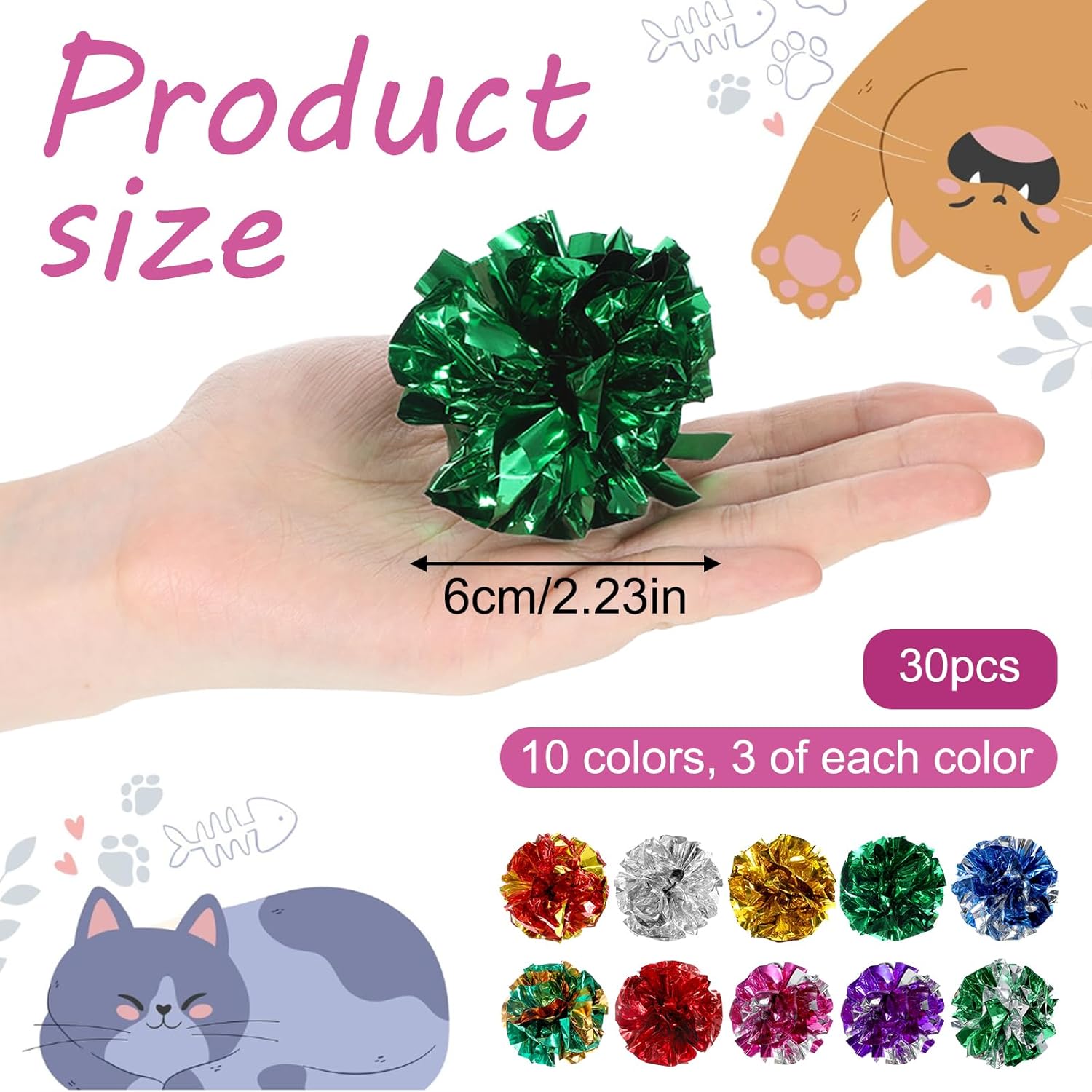 Vin Beauty 30 Pcs Cat Crinkle Balls Toy 2.36 Inch Interactive Crinkle Balls for Cats, Colorful Chew and Chase Training Activity Cat Toys for Indoor Kittens to Keep Fit Active - Image 1