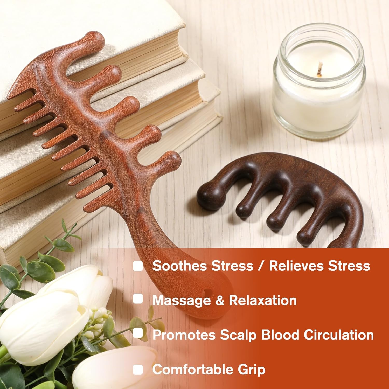 Vin Beauty 2 Pcs Wooden Scalp Massager Comb, Wood Scalp Massager 2 in 1 Wide Fine Tooth with Handle for Hair Growth for Curls Women Men Detangles Long Thick Wet Dry Head Anti-Static Care Relief - Image 4