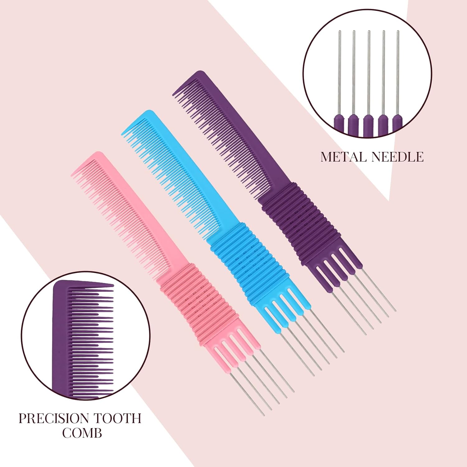 3 Pack Lift Teasing Combs with Metal Prong Salon Teasing Back Combs Hair Styling Comb Lifting Fluffing Comb with Metal Pick Hair Picks for Women - Image 2