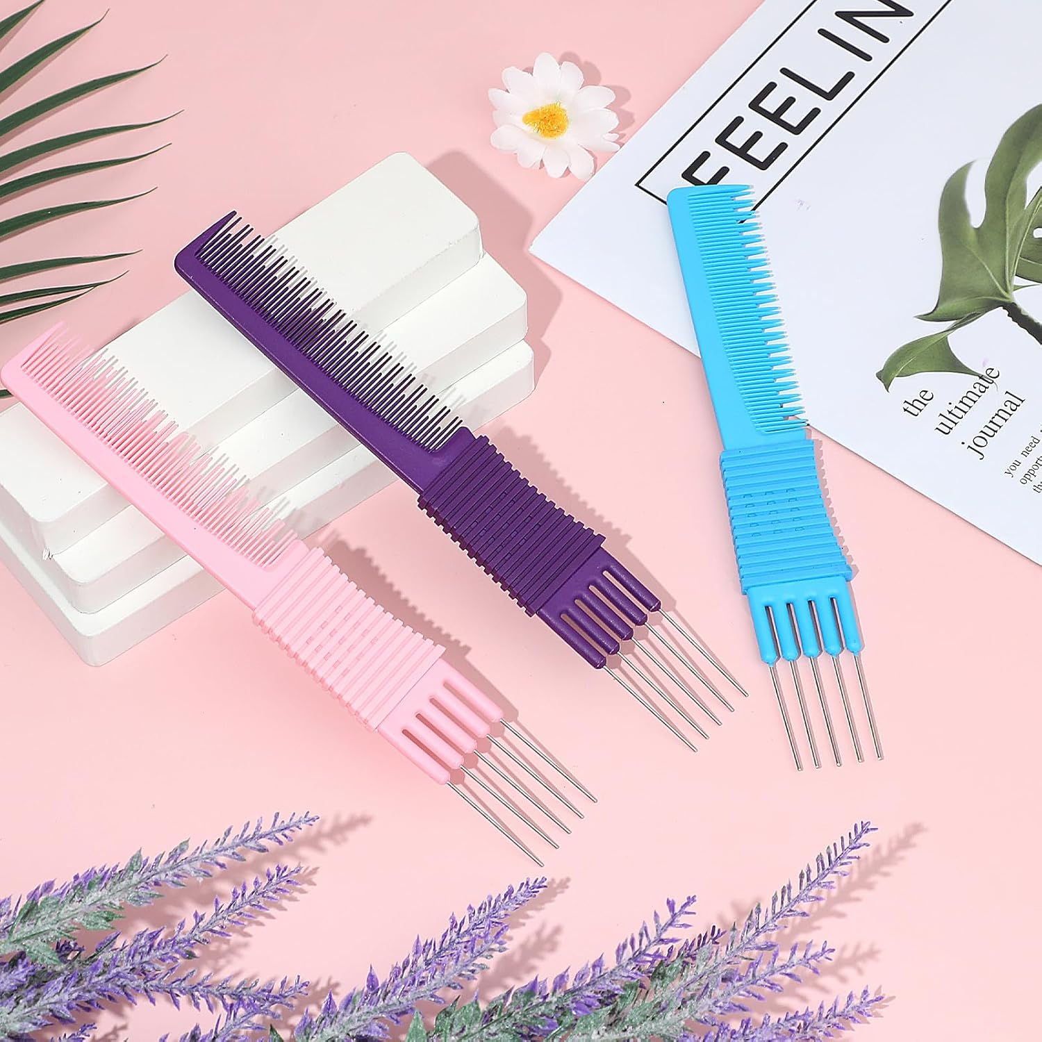 3 Pack Lift Teasing Combs with Metal Prong Salon Teasing Back Combs Hair Styling Comb Lifting Fluffing Comb with Metal Pick Hair Picks for Women - Image 3