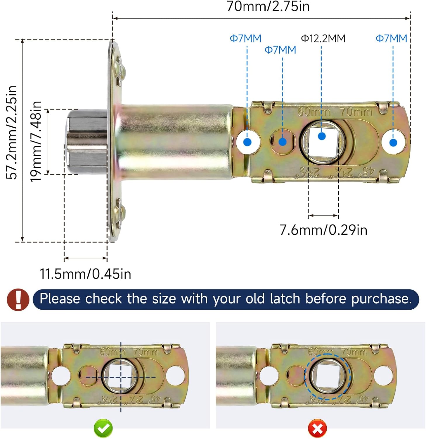 Adjustable Deadlatch 2-3/8''(60mm) or 2-3/4''(70mm), Adjustable Door Latch Entry Door Lock 45° Turning Angle Replacement Part Latch and Strike with Dust Box, Universal Smart Doors Lock Deadlatch - Image 1