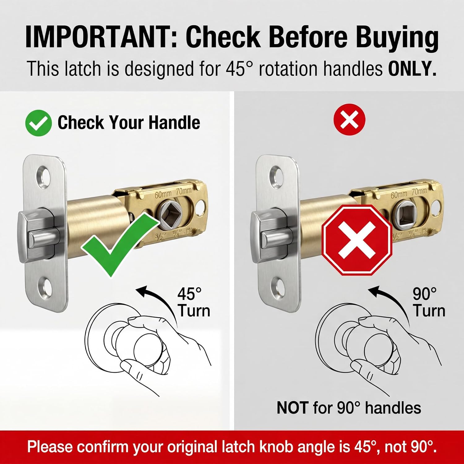 Adjustable Deadlatch 2-3/8''(60mm) or 2-3/4''(70mm), Adjustable Door Latch Entry Door Lock 45° Turning Angle Replacement Part Latch and Strike with Dust Box, Universal Smart Doors Lock Deadlatch - Image 6