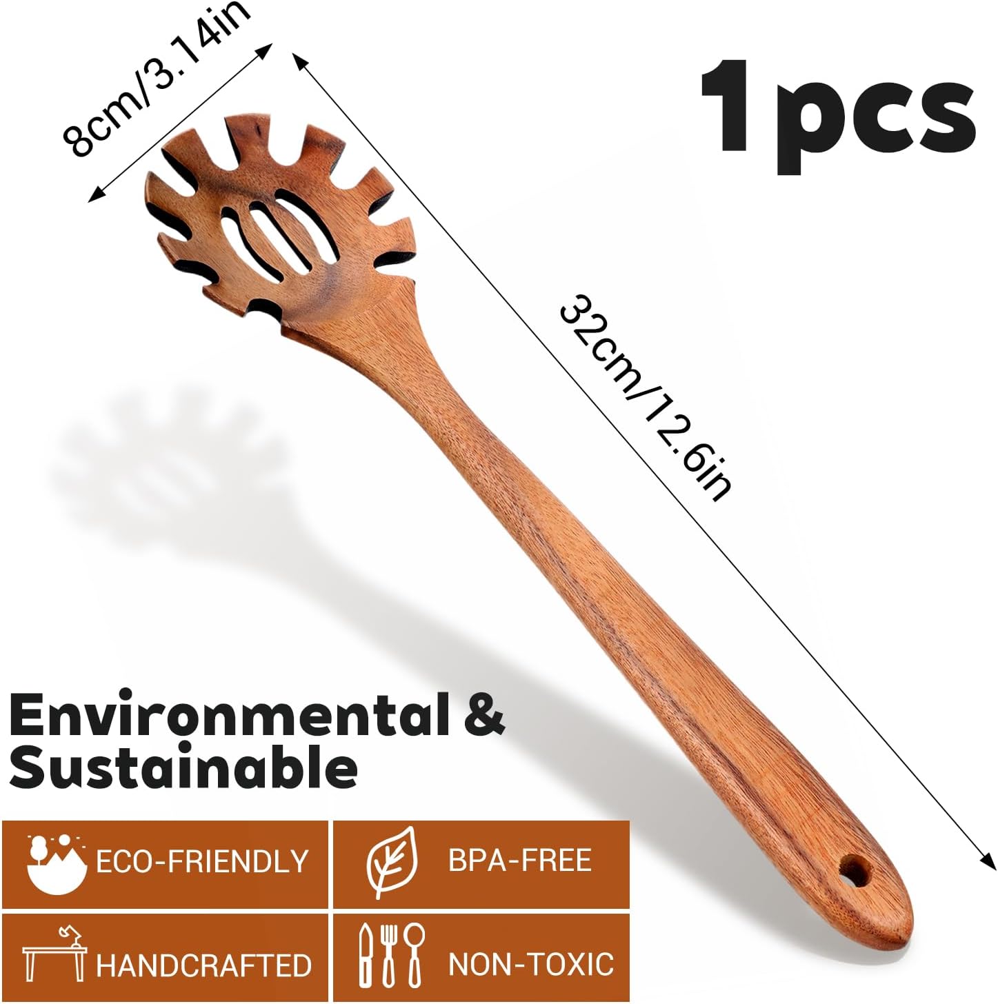 Spaghetti Spoon Wooden Pasta Spoon with Teeth Spaghetti Fork Tongs 12.5 Inch Teak Slotted Strainer Spoons for Cooking Serving Collecting, Wooden Fork Server Utensil with Claws, Wood Noodle Strainer - Image 1