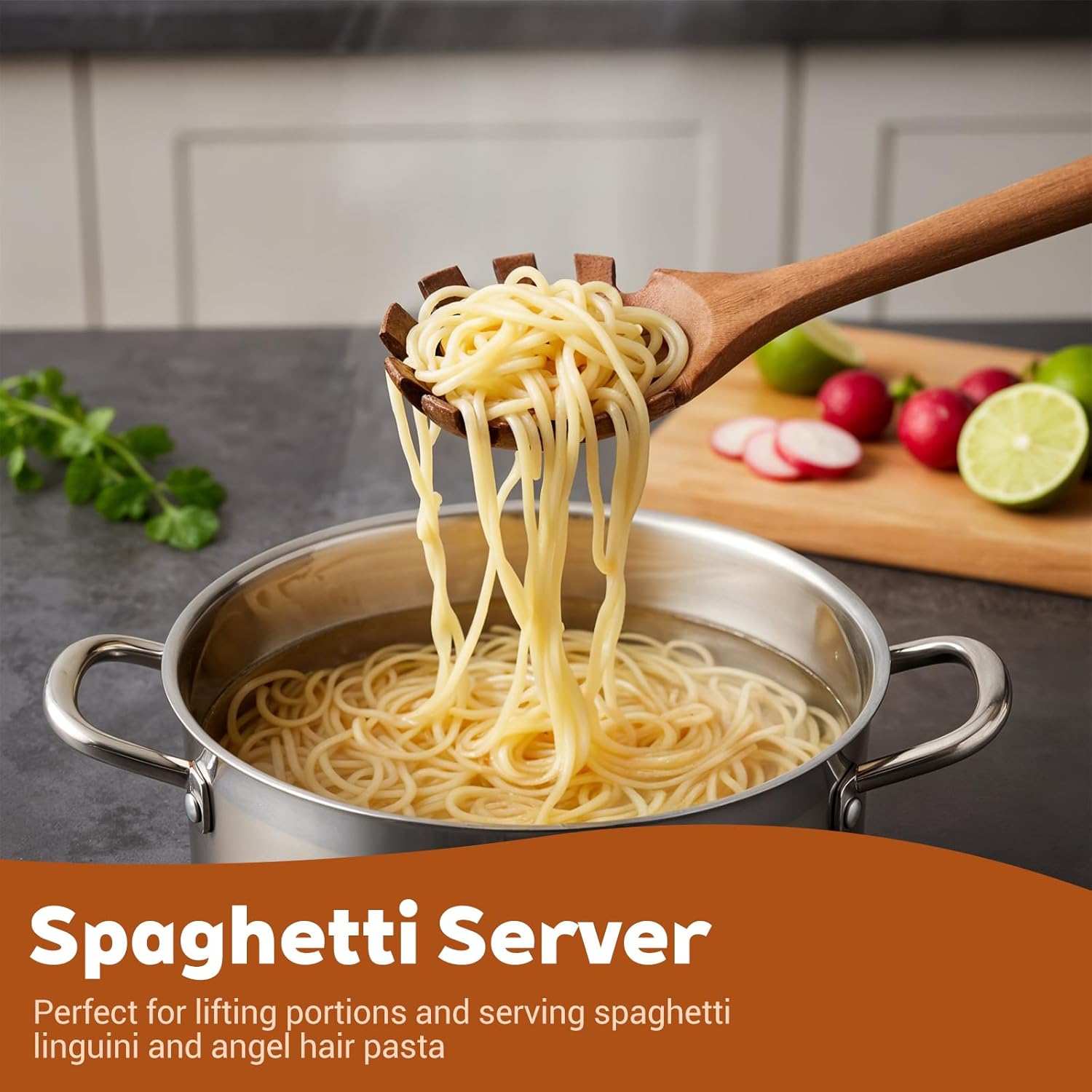 Spaghetti Spoon Wooden Pasta Spoon with Teeth Spaghetti Fork Tongs 12.5 Inch Teak Slotted Strainer Spoons for Cooking Serving Collecting, Wooden Fork Server Utensil with Claws, Wood Noodle Strainer - Image 2