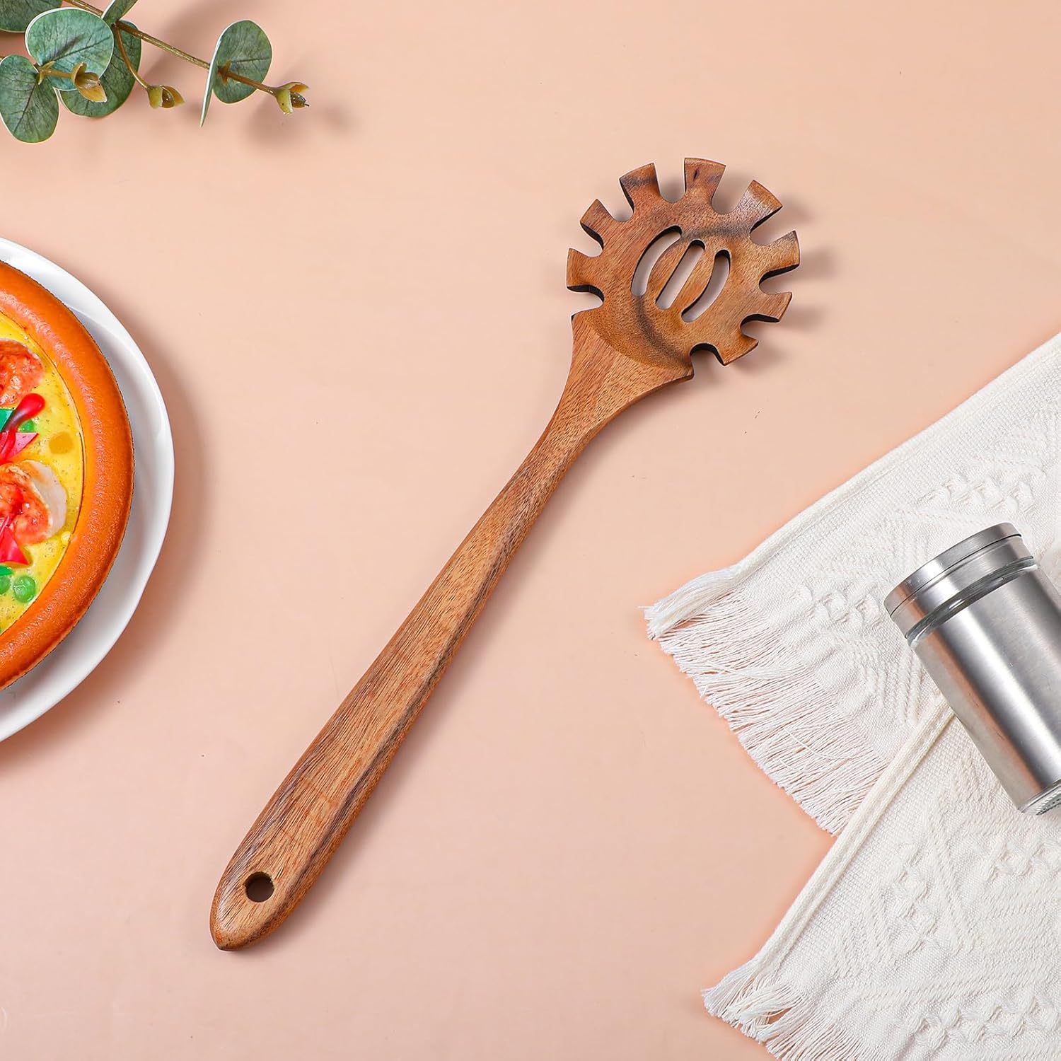Spaghetti Spoon Wooden Pasta Spoon with Teeth Spaghetti Fork Tongs 12.5 Inch Teak Slotted Strainer Spoons for Cooking Serving Collecting, Wooden Fork Server Utensil with Claws, Wood Noodle Strainer - Image 6