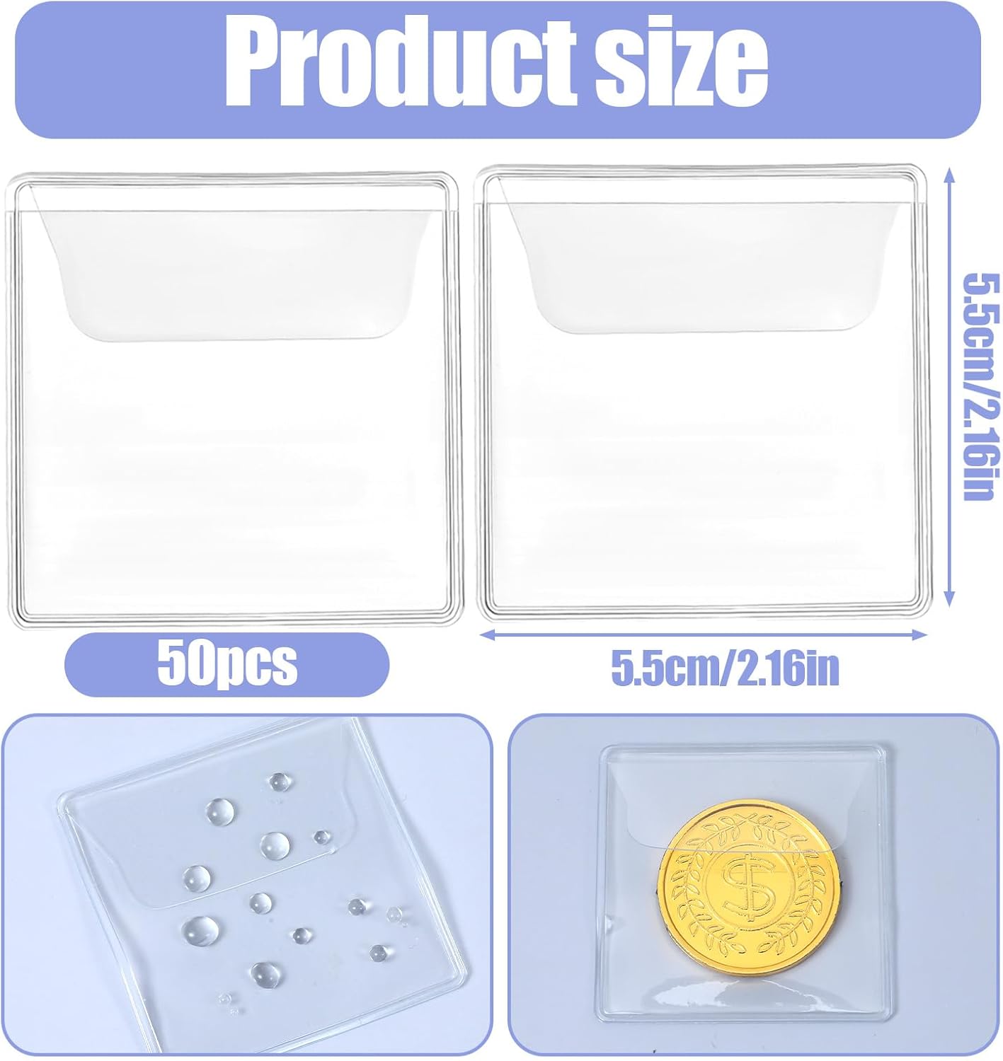 50 Pack Plastic Coin Sleeves, 2.1 x 2.1 Inch Clear Plastic Coin Protectors Small Pouches for Coins Holder Storage Individual Coins Holders for Currency Bills Collectors - Image 1