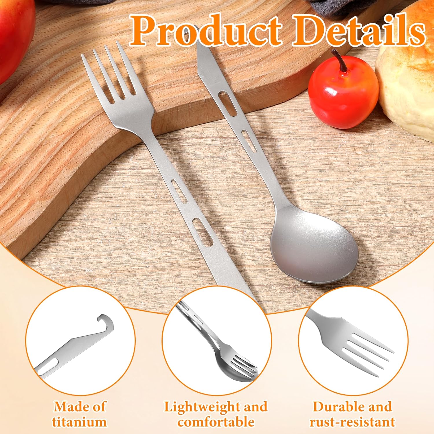 Titanium Spork Titanium Fork Spoon Set Camping Utensils, Ultralight Backpacking Utensils, Travel Cutlery Set, Heat-Resistant & Rustproof, Hiking Survival Gear - Image 2