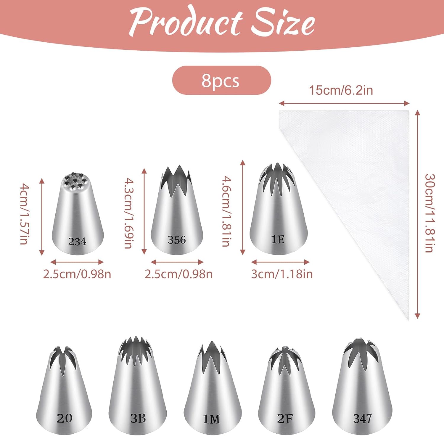 8 Pcs Large Piping Tips Set, Stainless Steel Cake Decorating Tips Set with 10pcs Piping Bag Pastry Cake Decorating Tip Baking Tools for Baking Cupcakes Decoration - Image 1