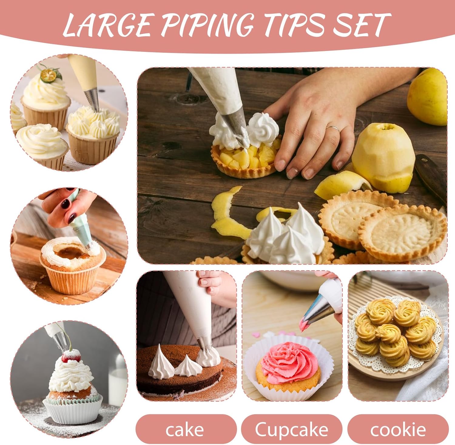 8 Pcs Large Piping Tips Set, Stainless Steel Cake Decorating Tips Set with 10pcs Piping Bag Pastry Cake Decorating Tip Baking Tools for Baking Cupcakes Decoration - Image 2