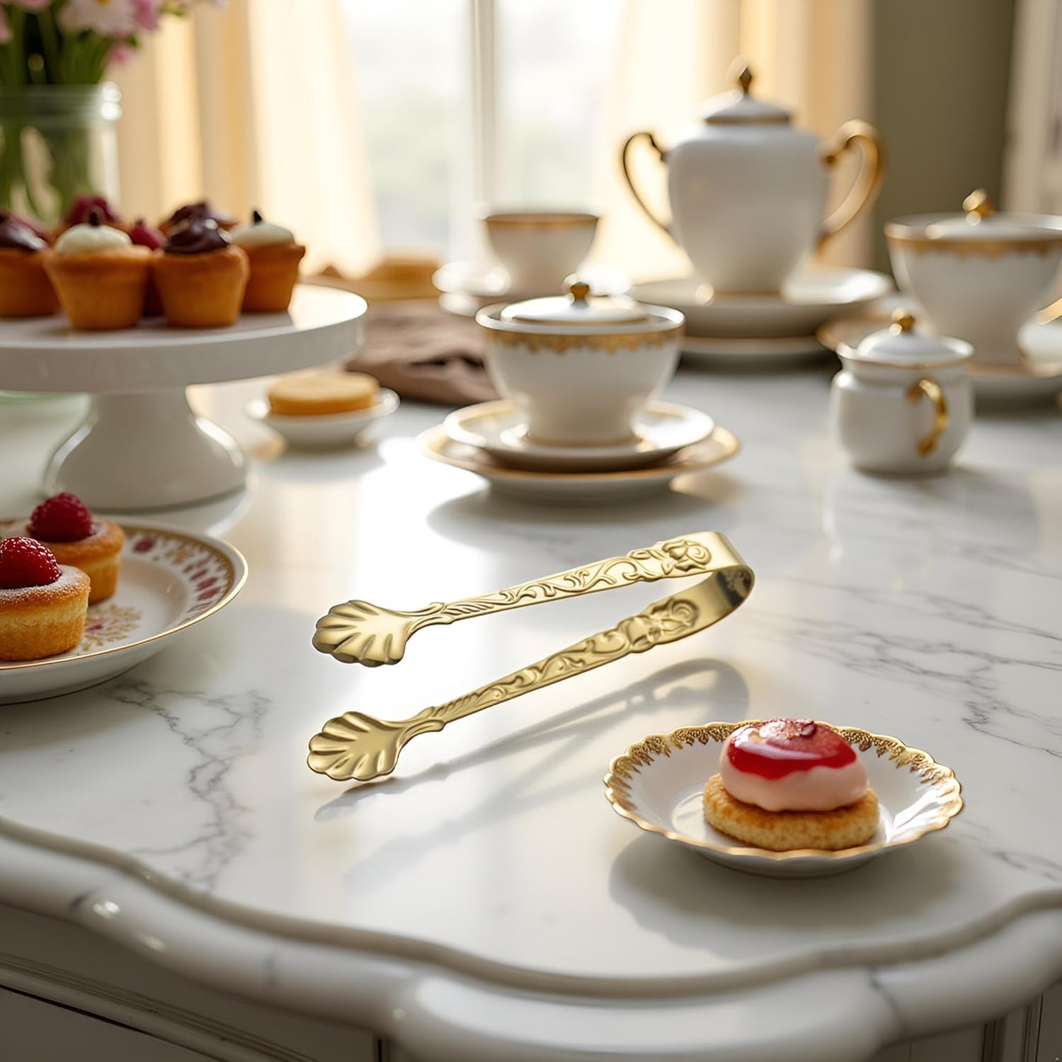 Gold Mini Serving Tongs, Vintage Rose Relief Handle Ice Cube Clips Sugar Tongs, Stainless Steel Sugar Cube Tongs, for Tea Coffee Appetizers Desserts Sugar Tongs - Image 4