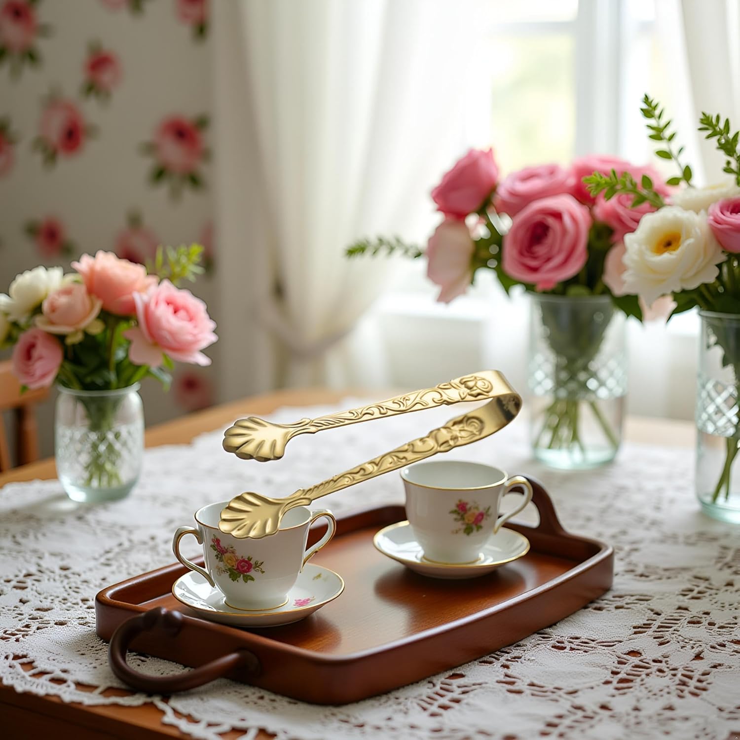 Gold Mini Serving Tongs, Vintage Rose Relief Handle Ice Cube Clips Sugar Tongs, Stainless Steel Sugar Cube Tongs, for Tea Coffee Appetizers Desserts Sugar Tongs - Image 5