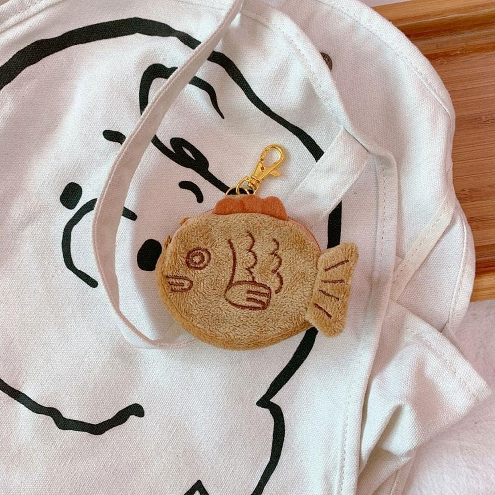 1Pc Brown Cute Plush Coin Purse Keychain, Mini Wrist Purse Bag, Japanese Creative Adjustable Soft Taiyaki Coin Pendant With Zipper Plush Pouch for Girl Women's Coin Purses and Pouches, Fish - Image 1