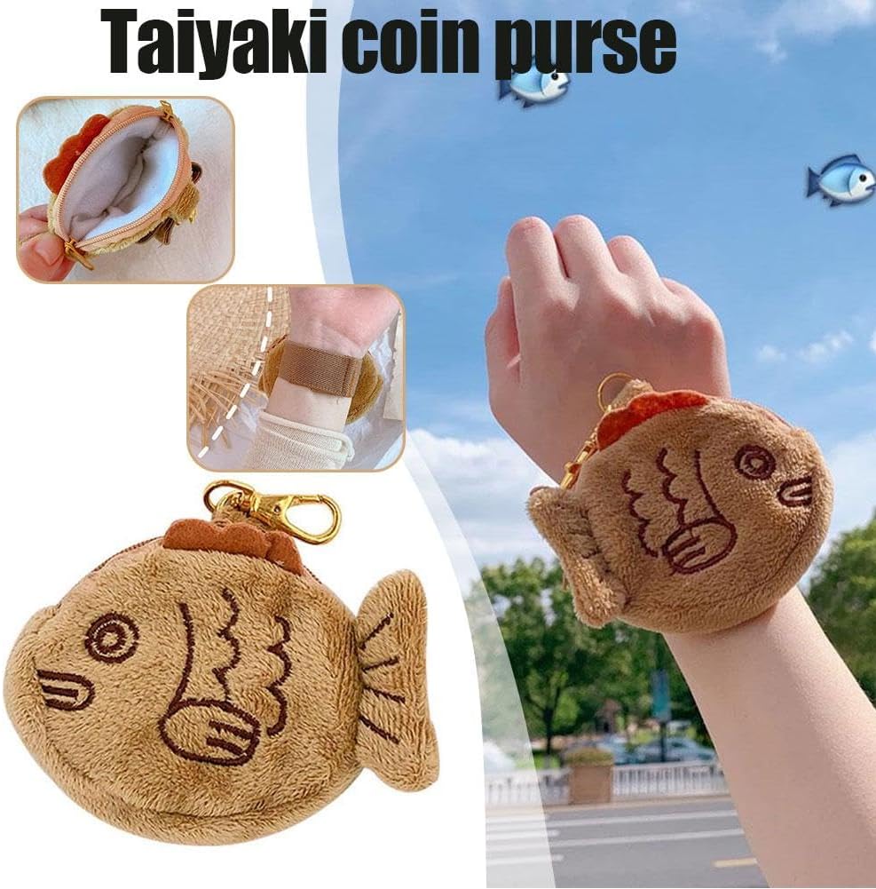 1Pc Brown Cute Plush Coin Purse Keychain, Mini Wrist Purse Bag, Japanese Creative Adjustable Soft Taiyaki Coin Pendant With Zipper Plush Pouch for Girl Women's Coin Purses and Pouches, Fish - Image 5