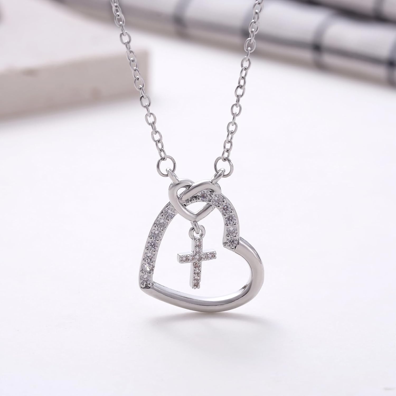 Kvekstio Christian Gift Heart Cross Necklace with Prayer Blessing Card for Teens Women, First Communion Confirmation Gift - Image 1