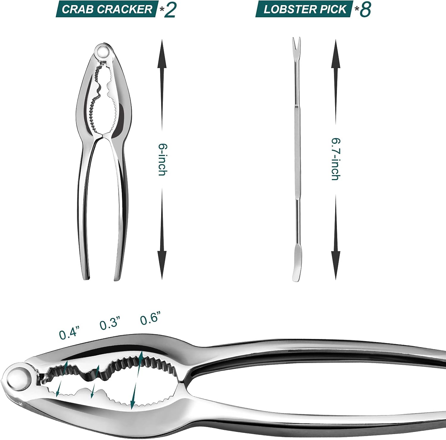 Lobster Crackers and Picks Set, 10-Piece Crab Leg Cracker Tools - Stainless Steel Seafood Crackers & Forks Nut Cracker Set - Dishwasher Safe - Image 2