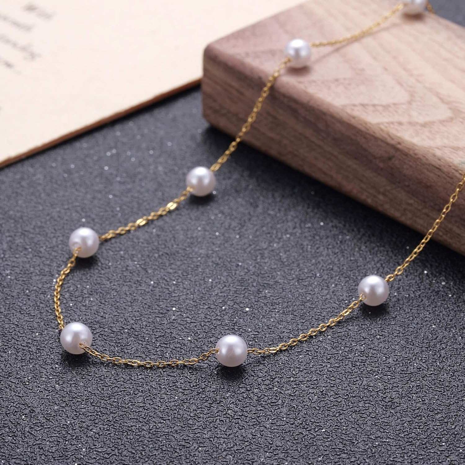 Gold-Plated Floating Pearl Necklace for Women – Minimalist Imitation White Pearls Chain, Station Pearl Necklace Gift for Bride Bridesmaids Mom Wife Daughter, Wedding Birthday Christmas - Image 1