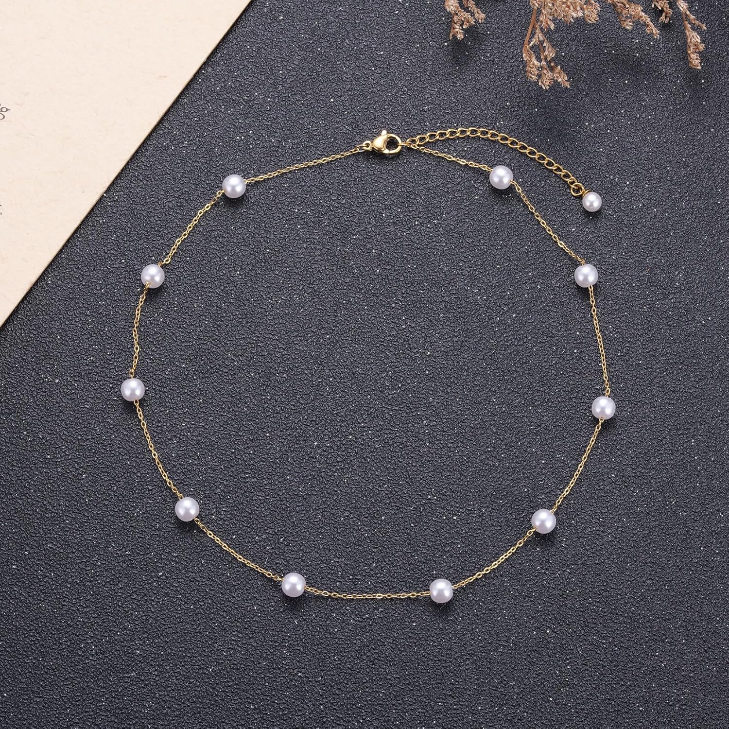 Gold-Plated Floating Pearl Necklace for Women – Minimalist Imitation White Pearls Chain, Station Pearl Necklace Gift for Bride Bridesmaids Mom Wife Daughter, Wedding Birthday Christmas - Image 2