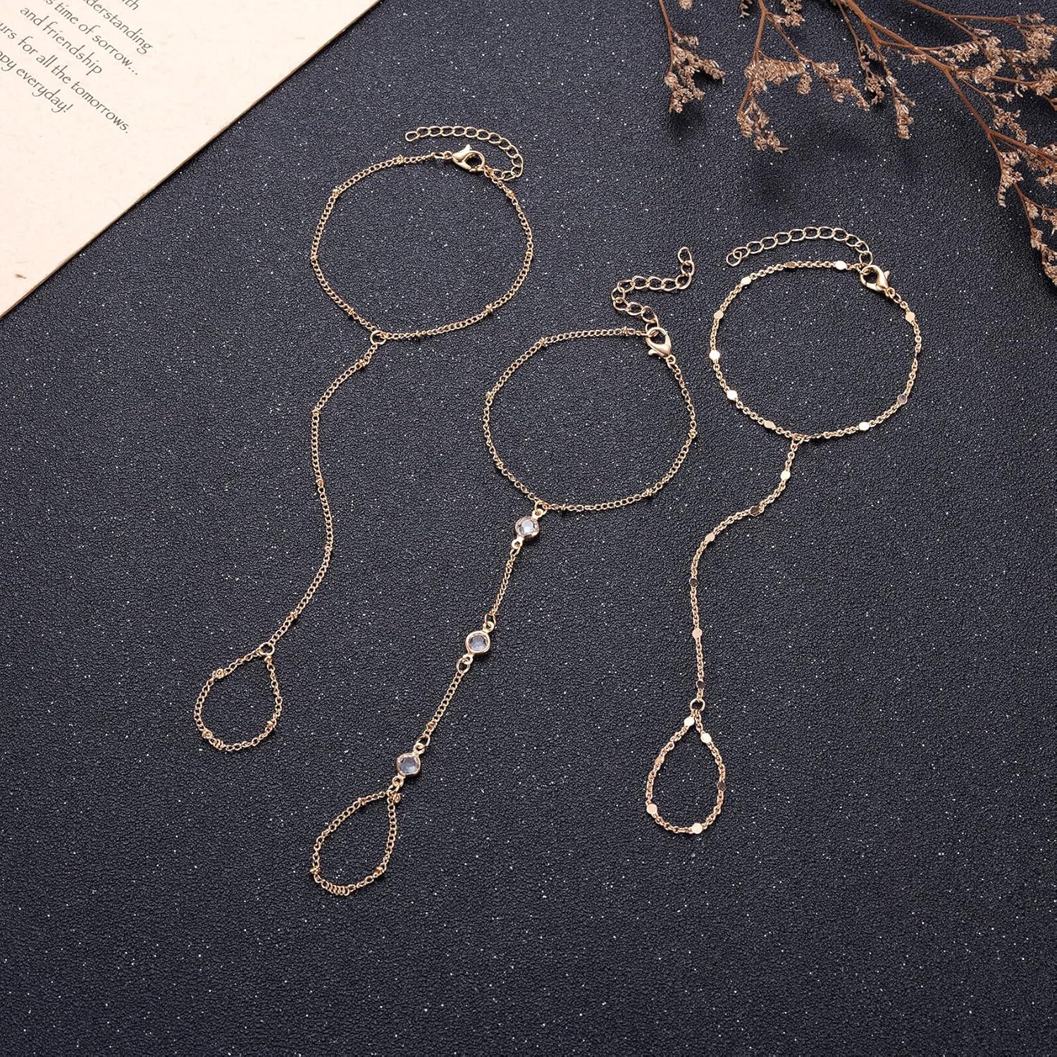 3 Pack Gold Hand Chain Bracelet Set for Women – Dainty Layered Finger Ring Bracelets, Boho Wrist Accessory for Wedding Prom Beach Party, Elegant Hand Jewelry Gift for Bridesmaids Daughter - Image 1