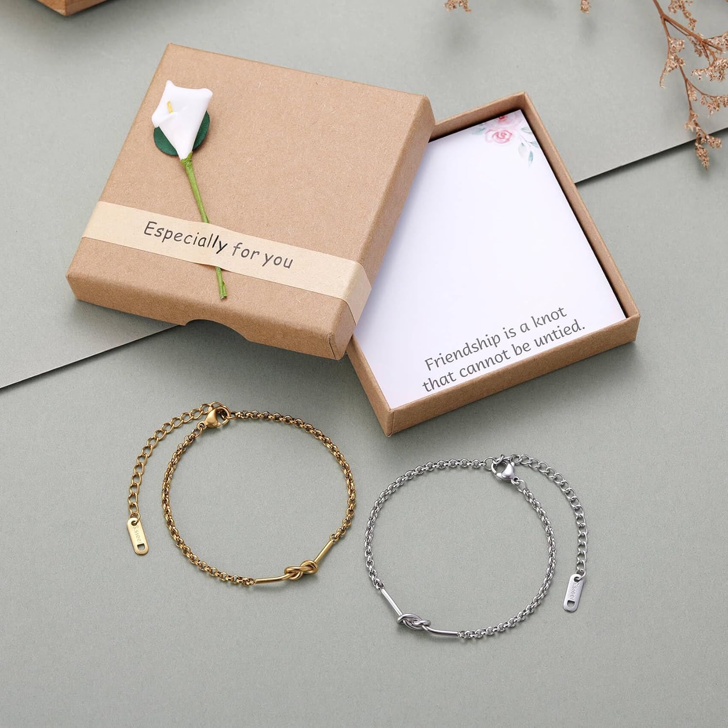 Kvekstio Set of 2 Friendship Knot Bracelets for Women – Gold & Silver Matching Chain Bracelets for Best Friends Besties or Bridesmaids, Meaningful Long-Distance Gift for Birthday Christmas Wedding - Image 5