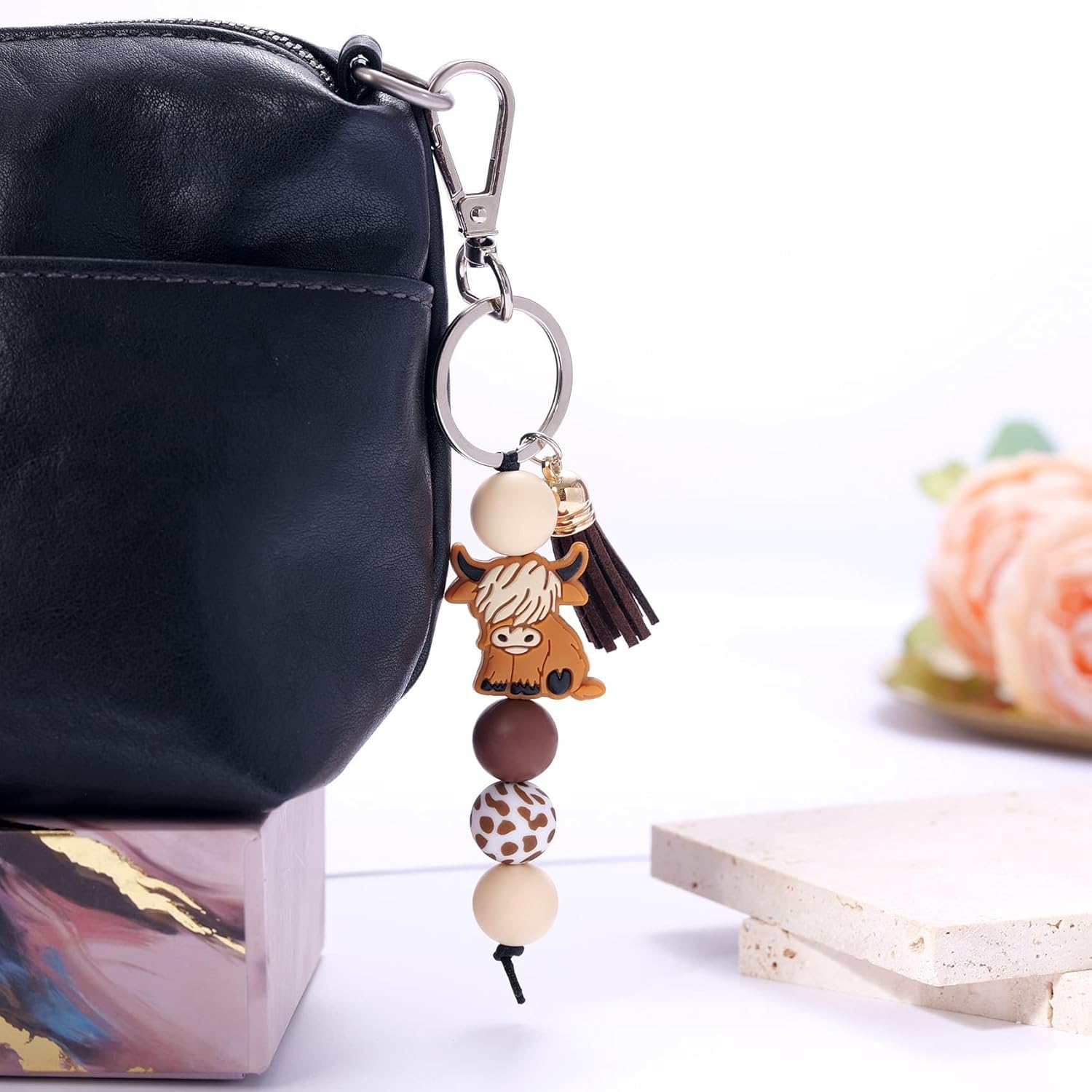 Kvekstio Cute Highland Cow Keychain, 2 Pack Farm Animal Cow Print Silicone Bead Key Ring with Tassel Gift for Women Men, Farmhouse Country Style Purse Bag Accessories for Cows Lovers Party Favors - Image 2