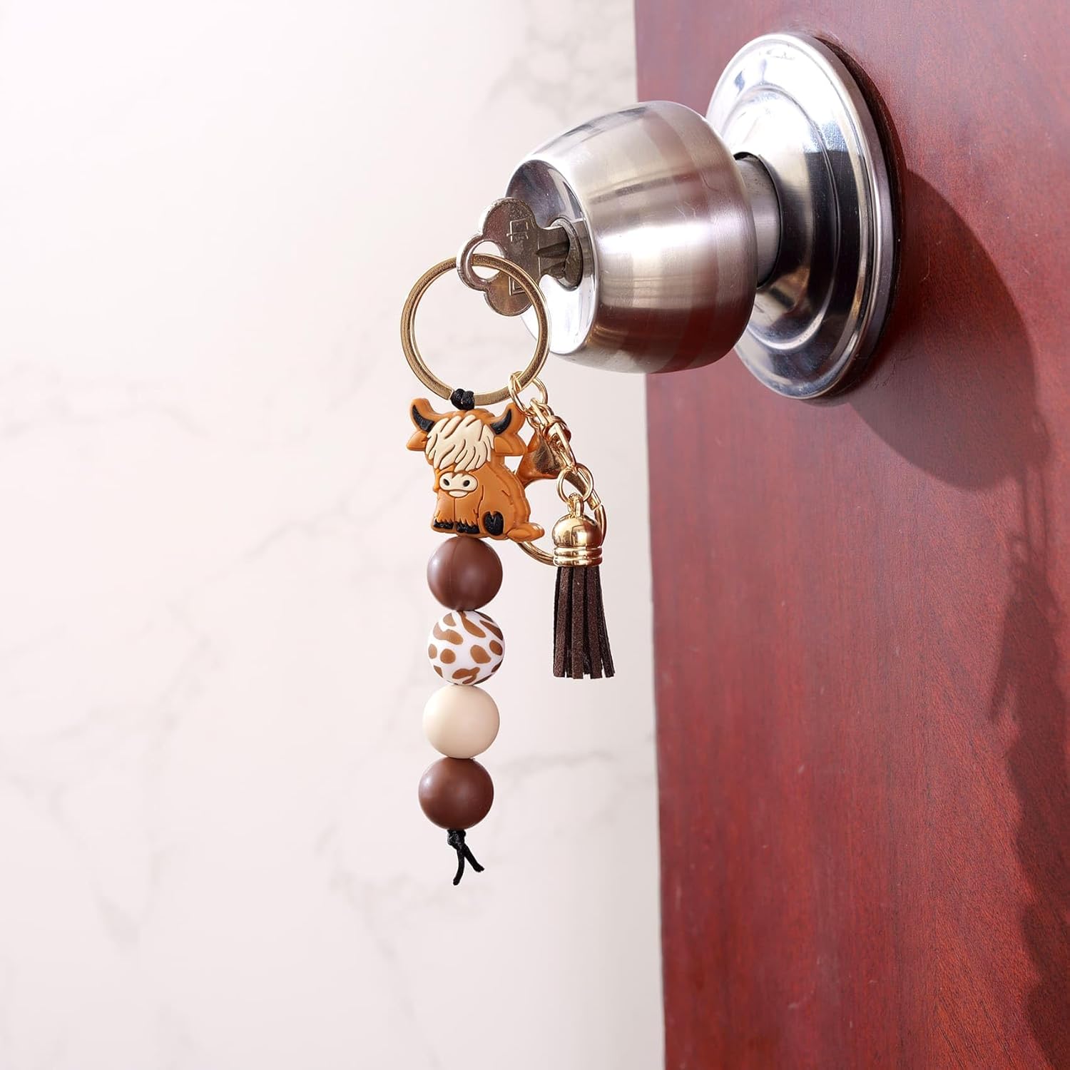 Kvekstio Cute Highland Cow Keychain, 2 Pack Farm Animal Cow Print Silicone Bead Key Ring with Tassel Gift for Women Men, Farmhouse Country Style Purse Bag Accessories for Cows Lovers Party Favors - Image 3