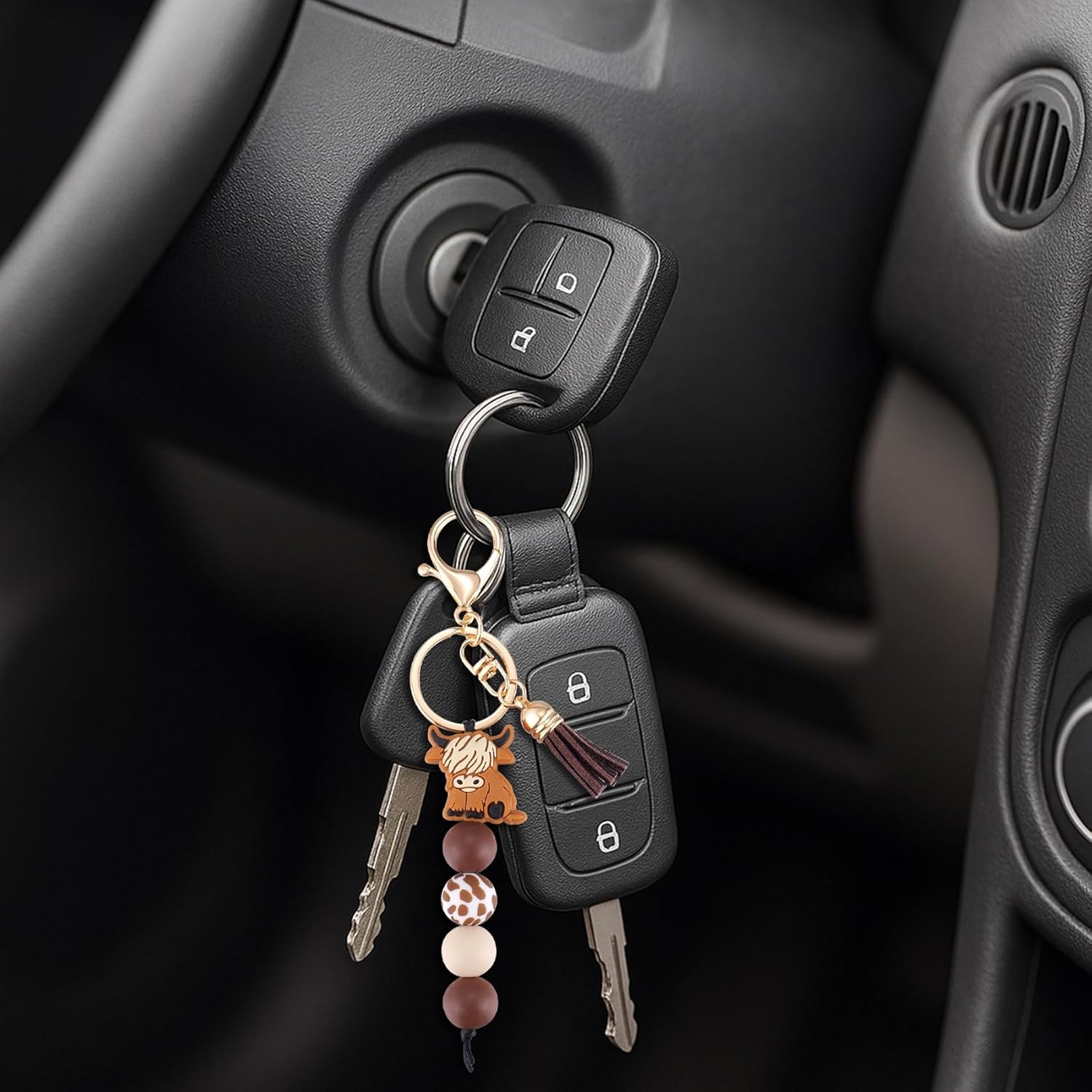 Kvekstio Cute Highland Cow Keychain, 2 Pack Farm Animal Cow Print Silicone Bead Key Ring with Tassel Gift for Women Men, Farmhouse Country Style Purse Bag Accessories for Cows Lovers Party Favors - Image 4