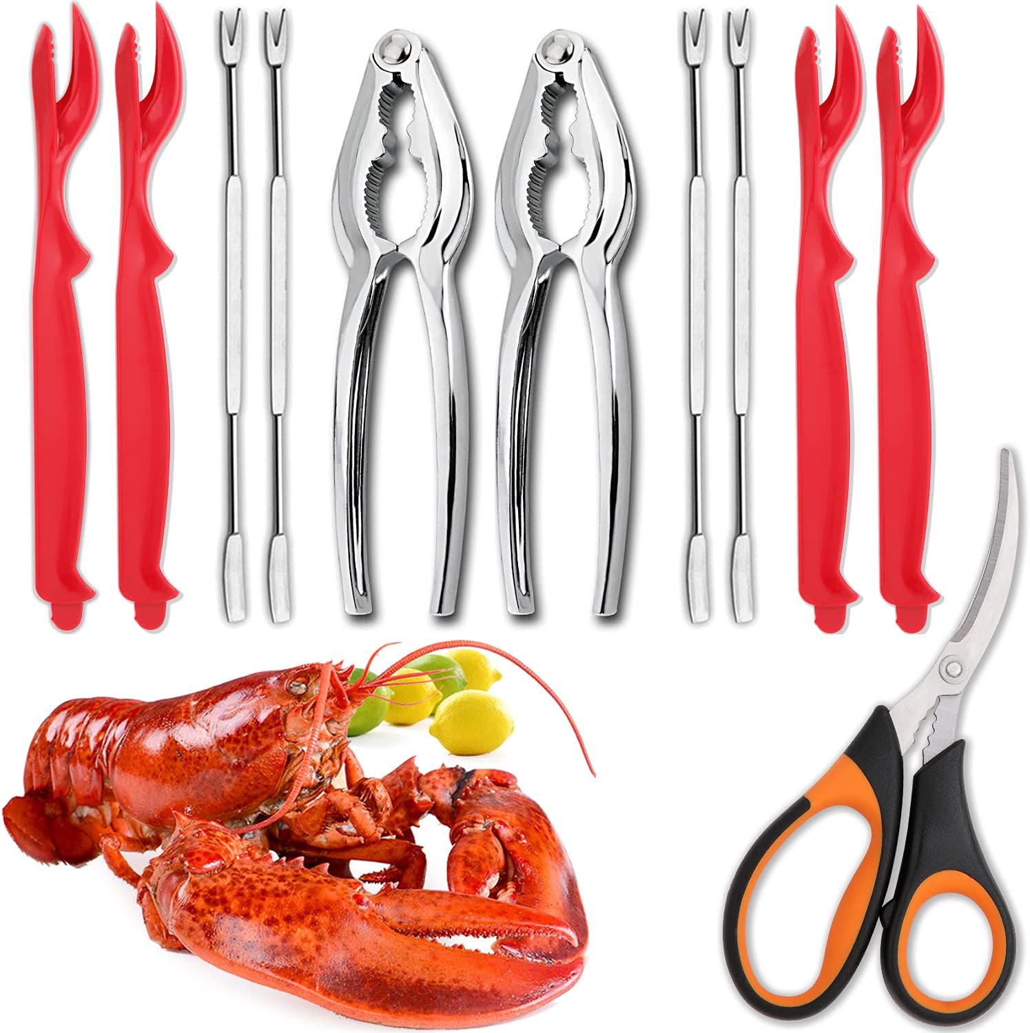 4-Person Seafood Tools Set includes 2 Crab Crackers, 4 Lobster Shellers, 4 Crab Leg Forks/Picks and 1 Seafood Scissors - Nut Cracker Set - Image 1