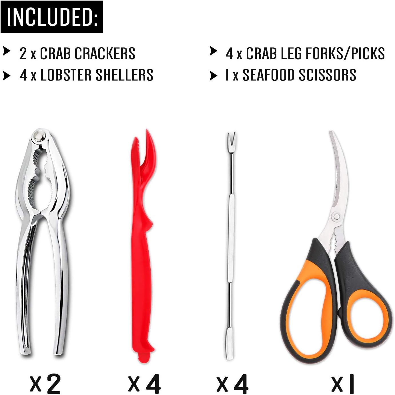 4-Person Seafood Tools Set includes 2 Crab Crackers, 4 Lobster Shellers, 4 Crab Leg Forks/Picks and 1 Seafood Scissors - Nut Cracker Set - Image 2