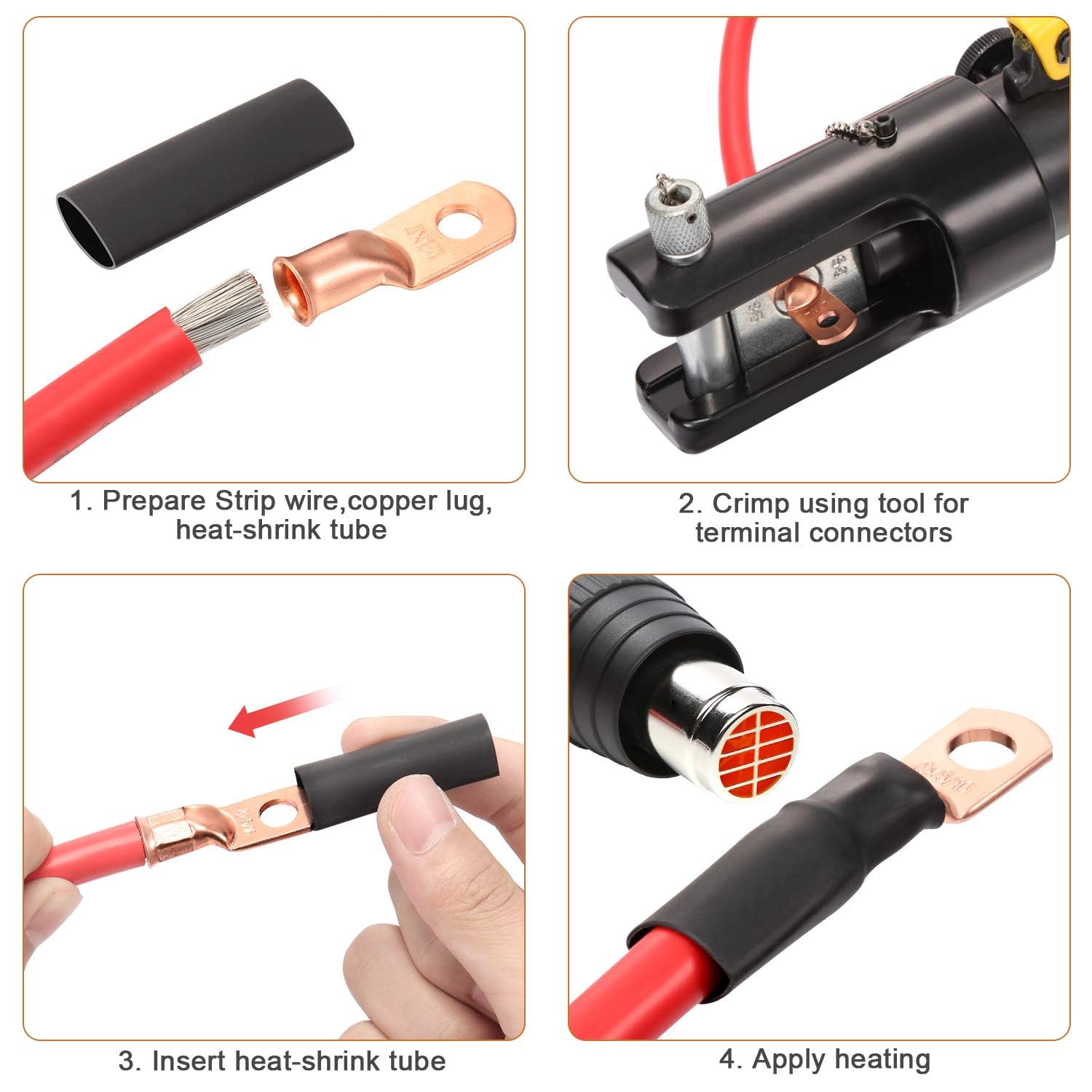 Maxdot 10 Pack UL Test Wire Lugs 8 Gauge Stud Ring Terminals Heavy Duty Copper Crimp Lugs Welding Cable Bare Copper Eyelet Lug with Heat Shrink Black, Red(8 AWG 3/8 Ring) - Image 4