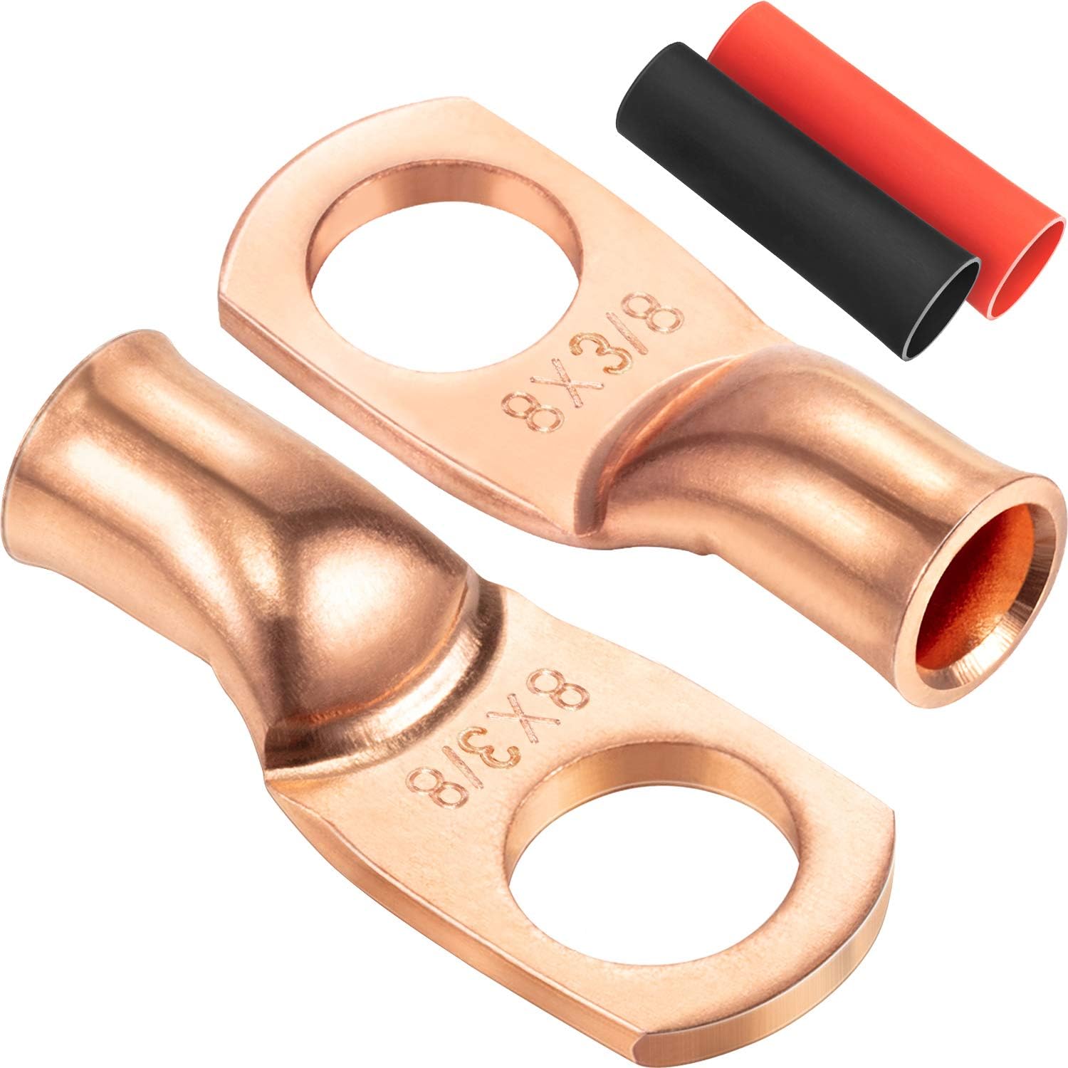 Maxdot 10 Pack UL Test Wire Lugs 8 Gauge Stud Ring Terminals Heavy Duty Copper Crimp Lugs Welding Cable Bare Copper Eyelet Lug with Heat Shrink Black, Red(8 AWG 3/8 Ring) - Image 6