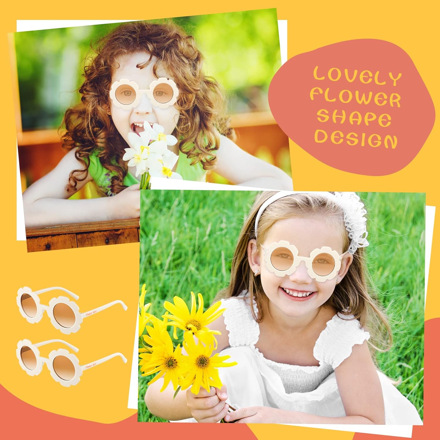 Landhoow 2 Pcs Flower Girl Sunglasses Kids Round Sunglasses Flower Girl Proposal Gift Cute Glasses for Outdoor Beach Party - Image 6