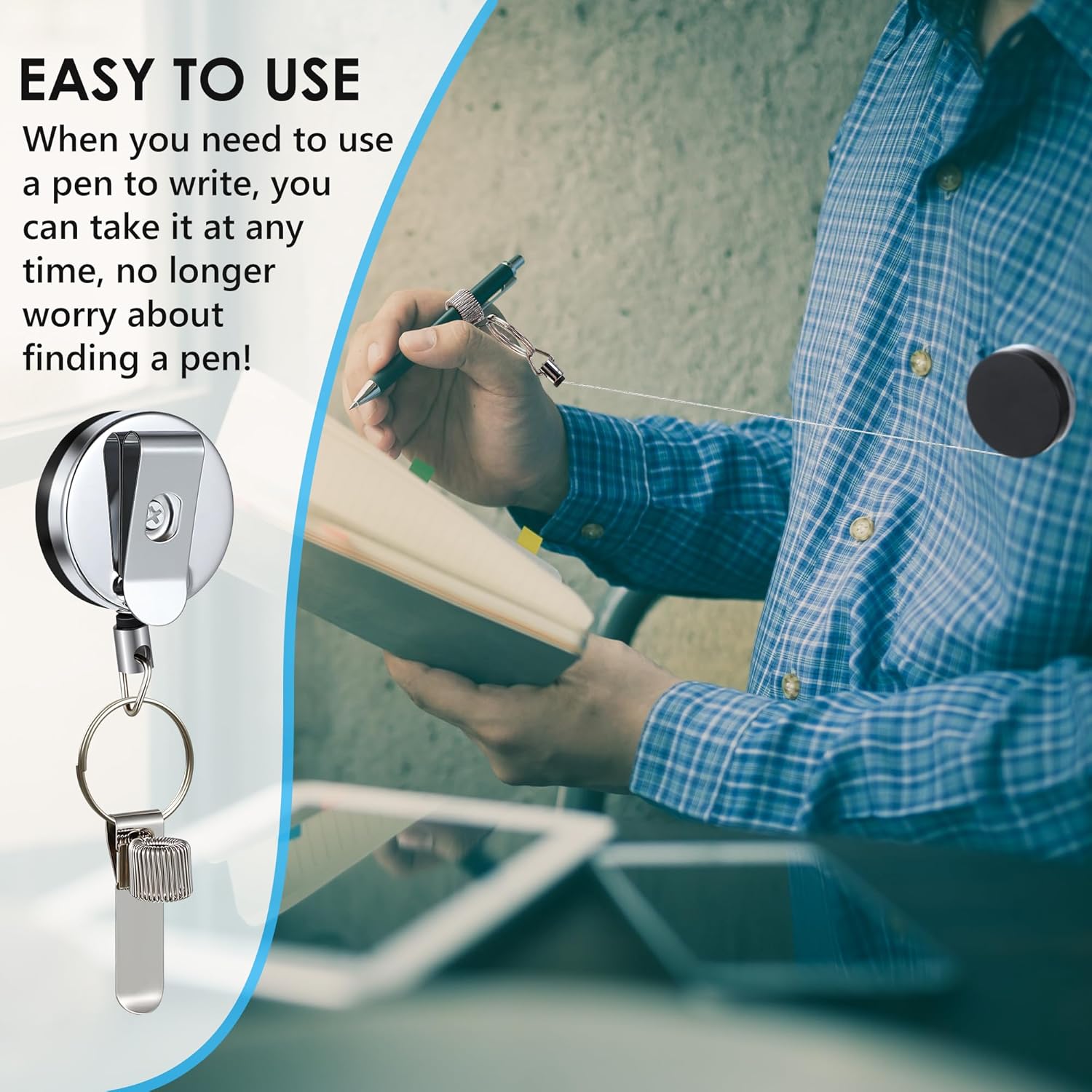 Landhoow 2 Pcs Retractable Pull Pen Pencil Holder, 27.5'' Retractable Pen Holder for Carpenters, Workers, Nurses, Bricklayer, Waiter, Universal Pencil Lanyard with Belt Clip and Key Ring - Image 7