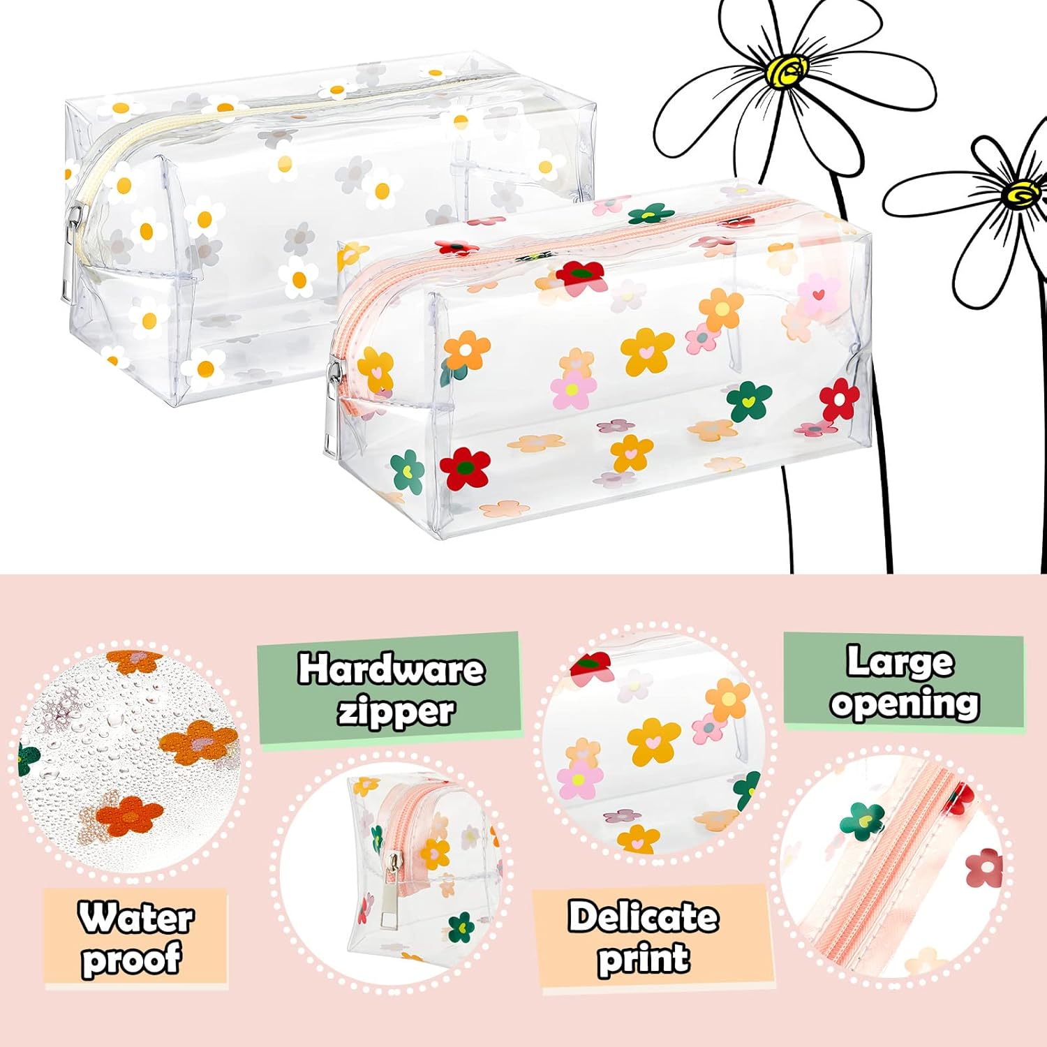 Amylove 2 Pack Cute Flower Makeup Bags Daisy Zipper Pouches Floral Pencil Pouch Portable Toiletry Pouches for Women Travel Vacation Bathroom School Organizing(Daisy) - Image 2